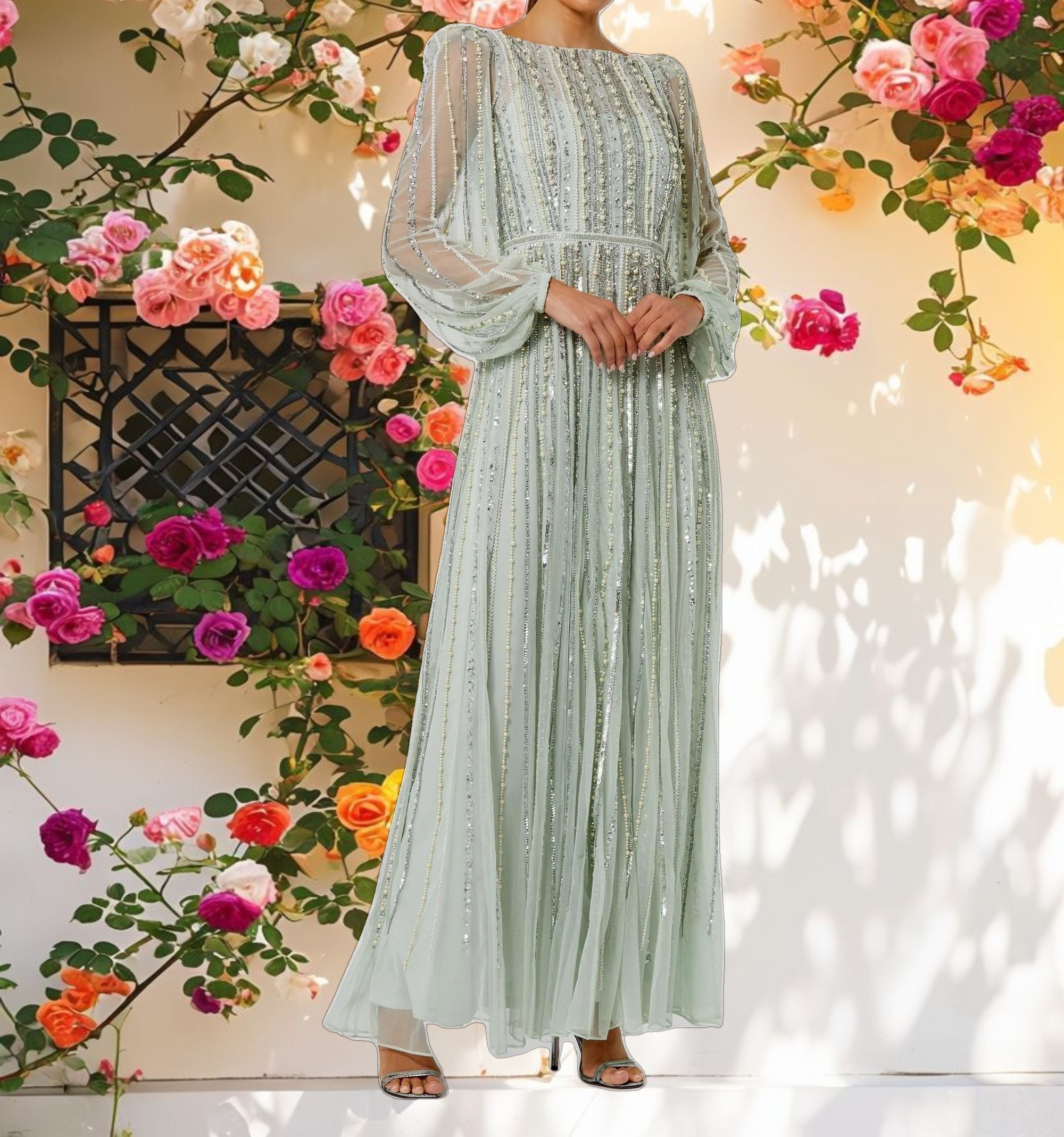 Striped Beaded Long Sleeve Gown
