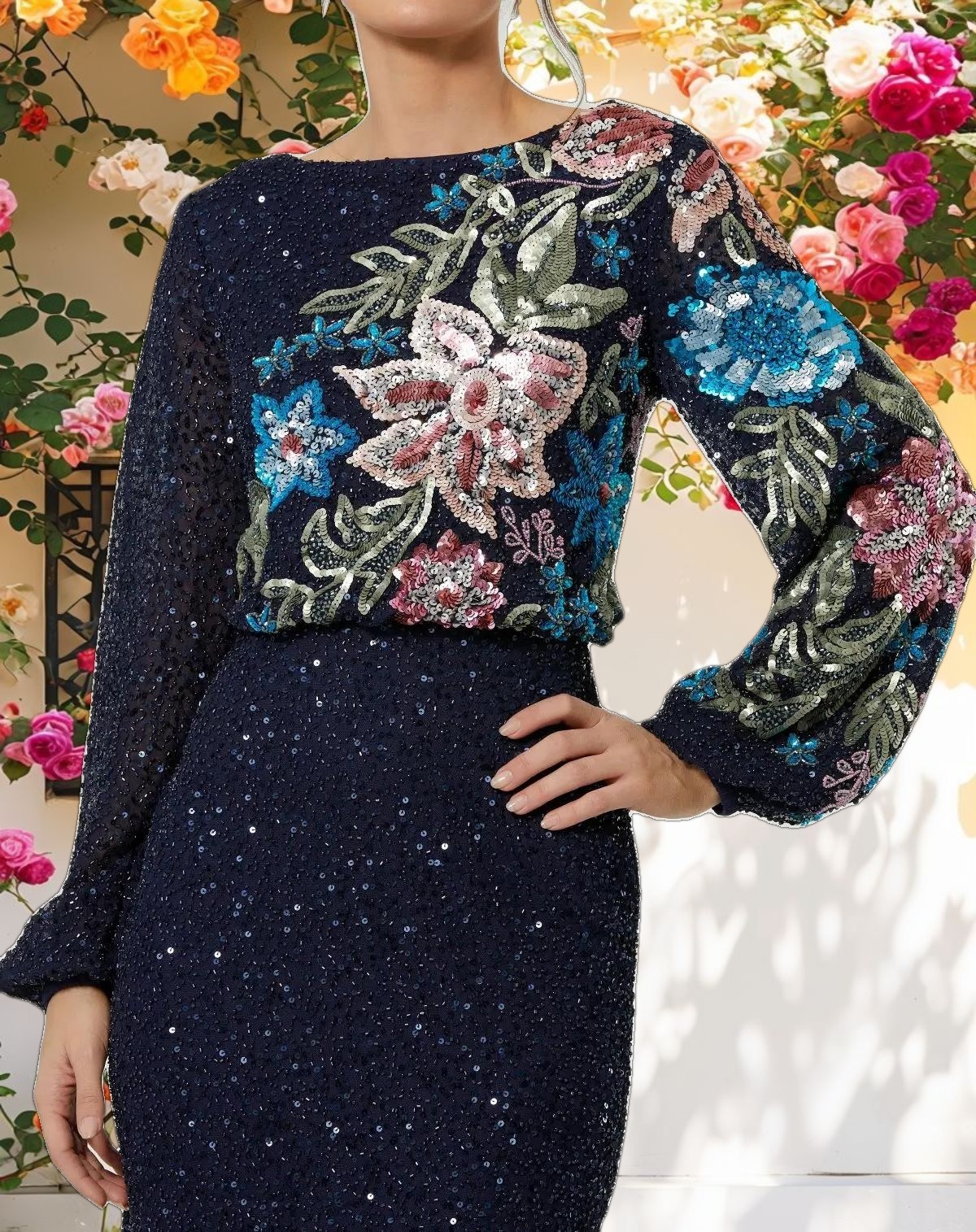 Embellished Multi Color Floral High Neck Gown