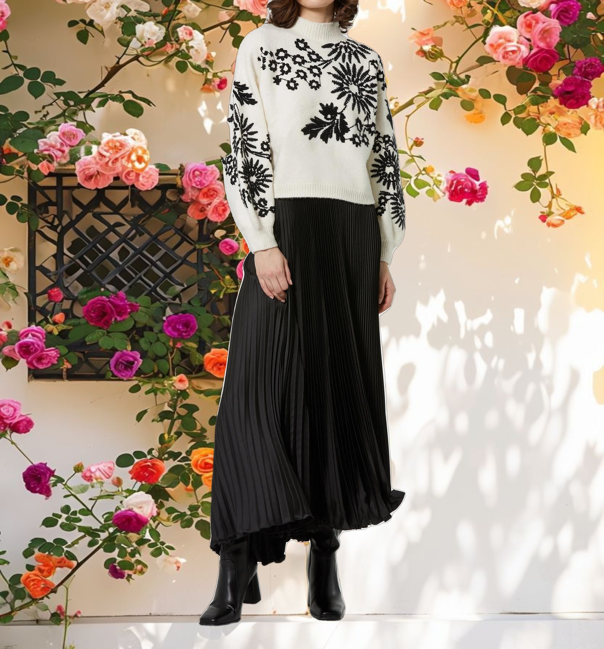 Balloon Sleeve Cropped Mock Neck Knit Sweater