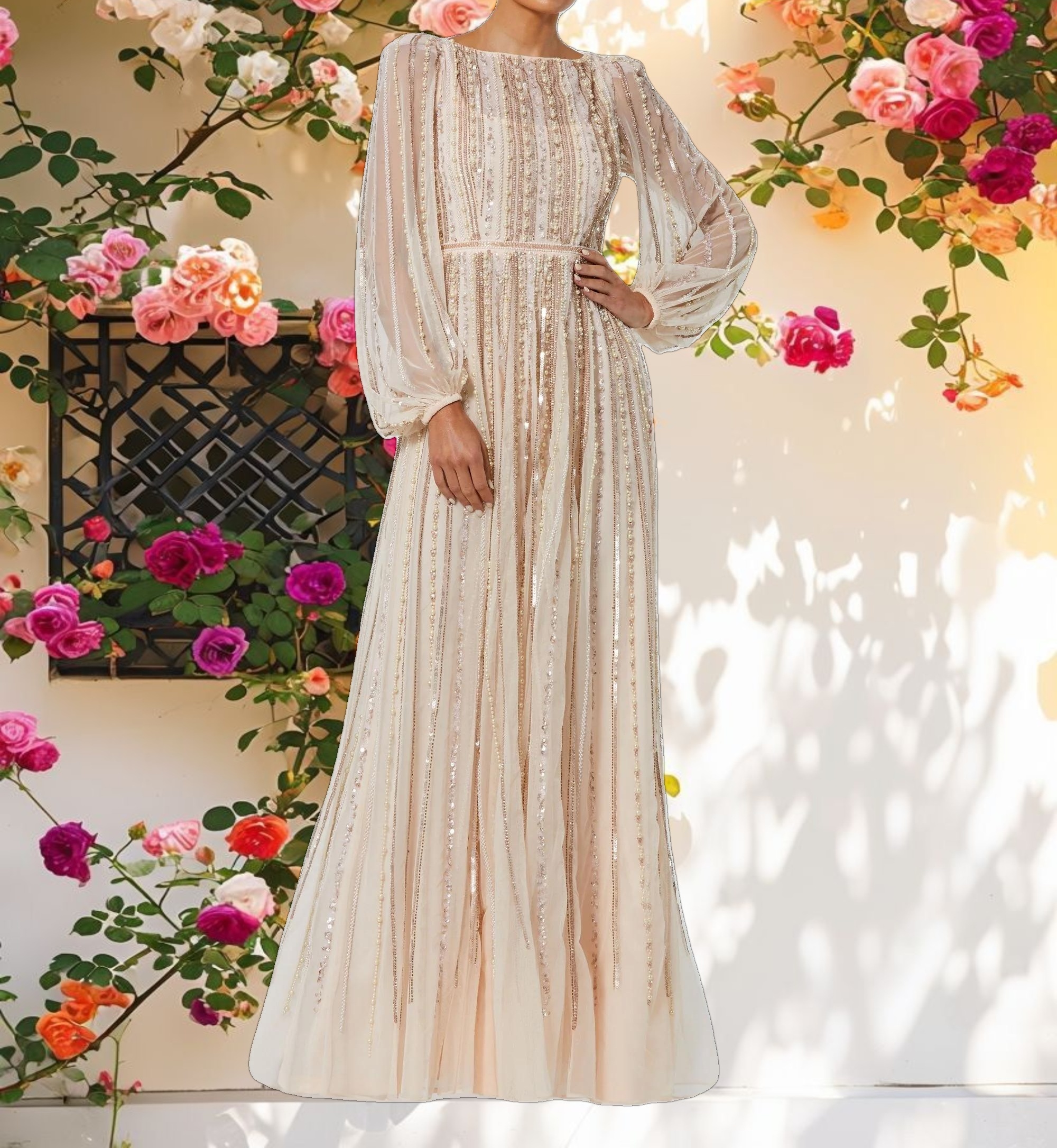 Pink Boat Neck Long Sleeve Gown With Striped Beading