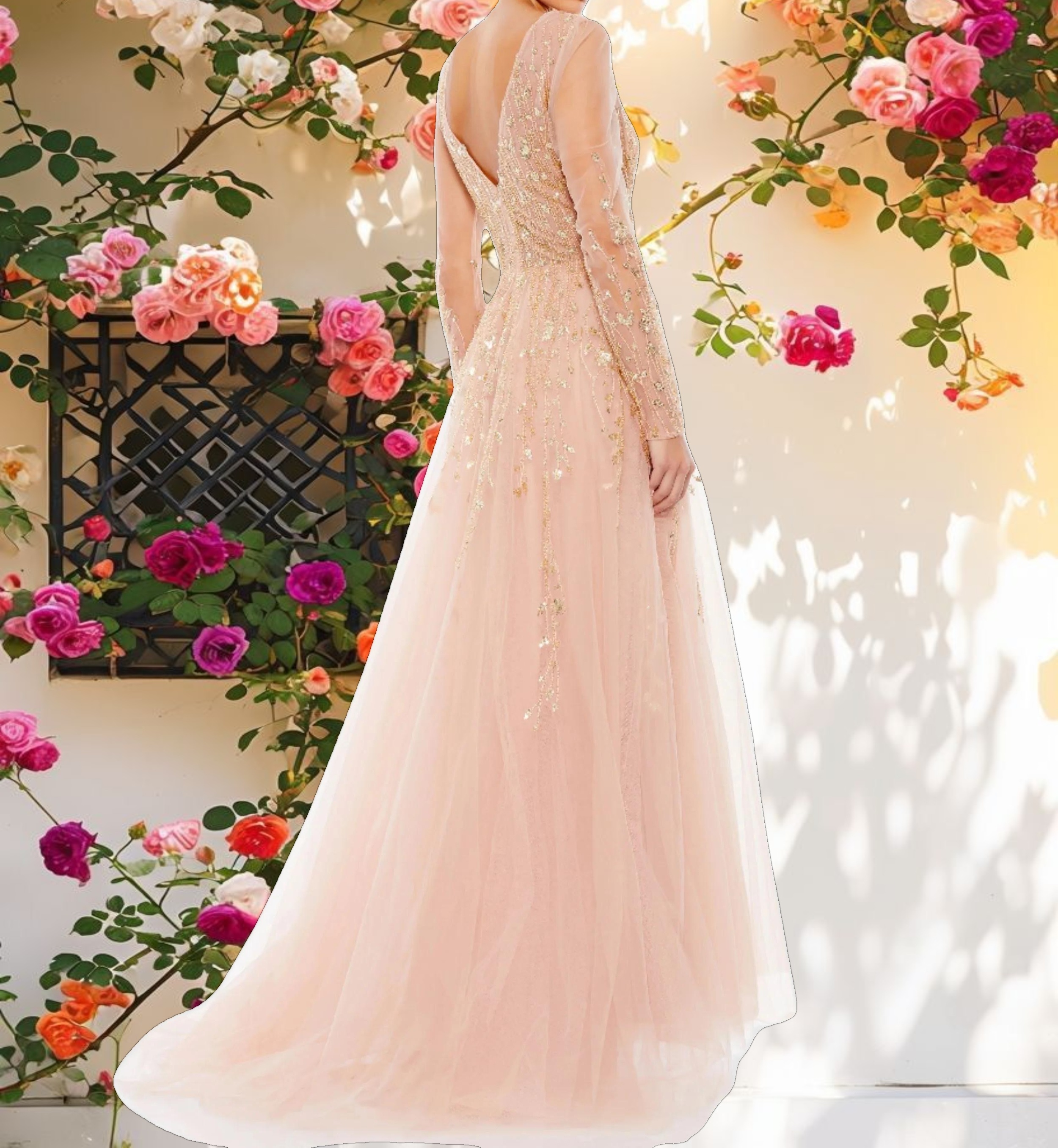 Pink Embellished V Neck Long Sleeve A Line Gown