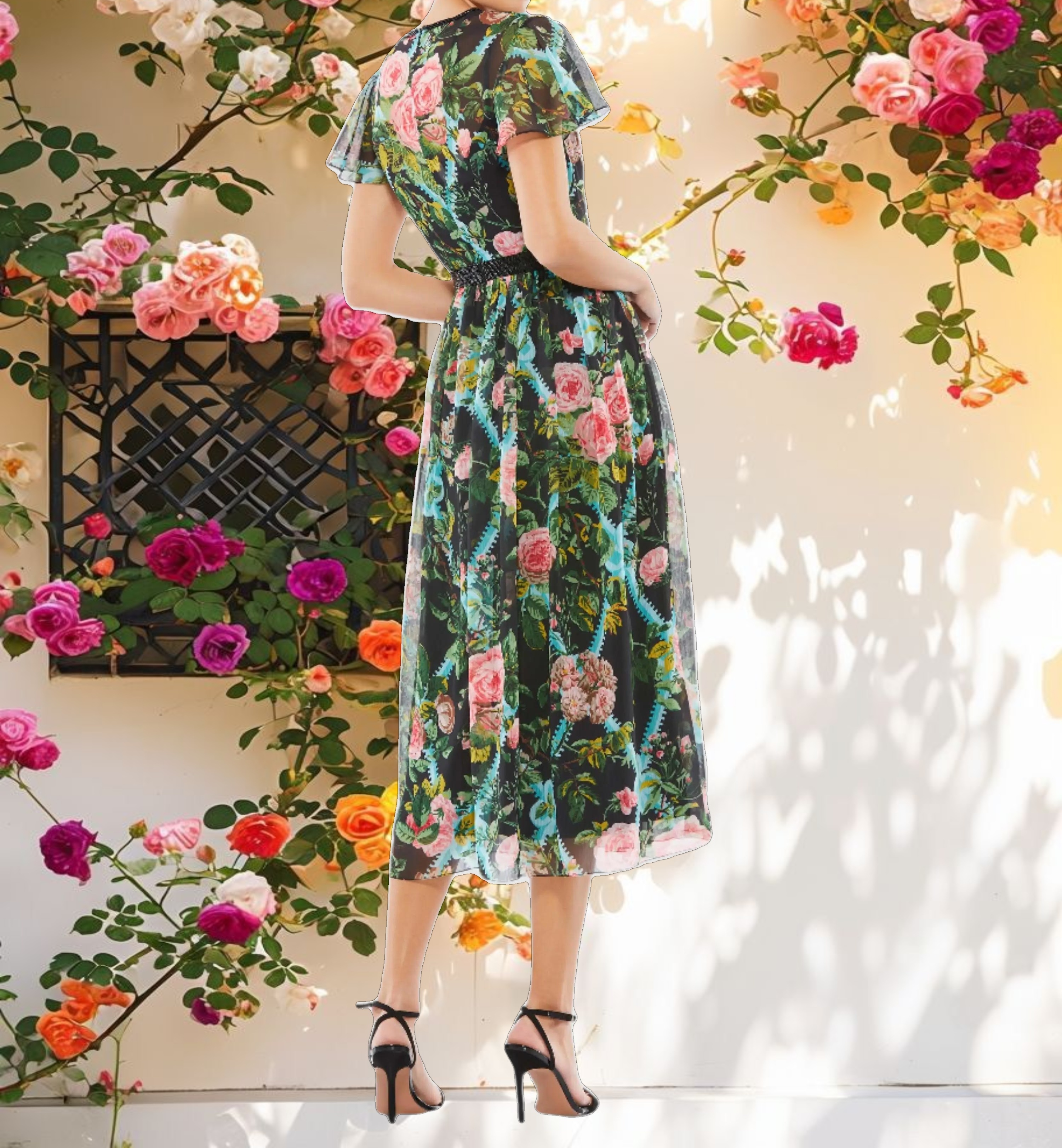 Multicolor Floral Illusion Cap Sleeve Midi Dress