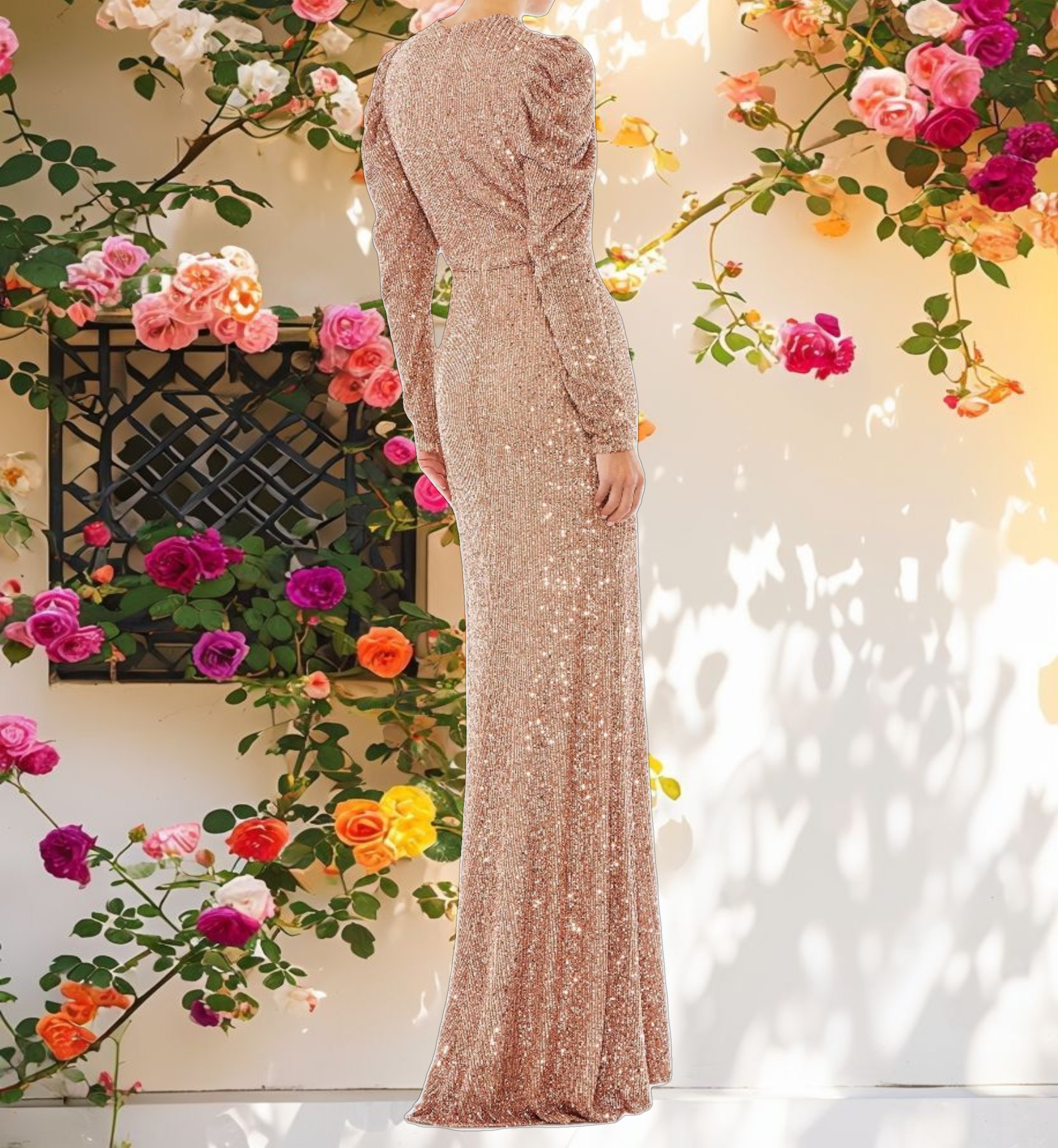 Pink Sequined High Neck Puff Long Sleeve Column Gown