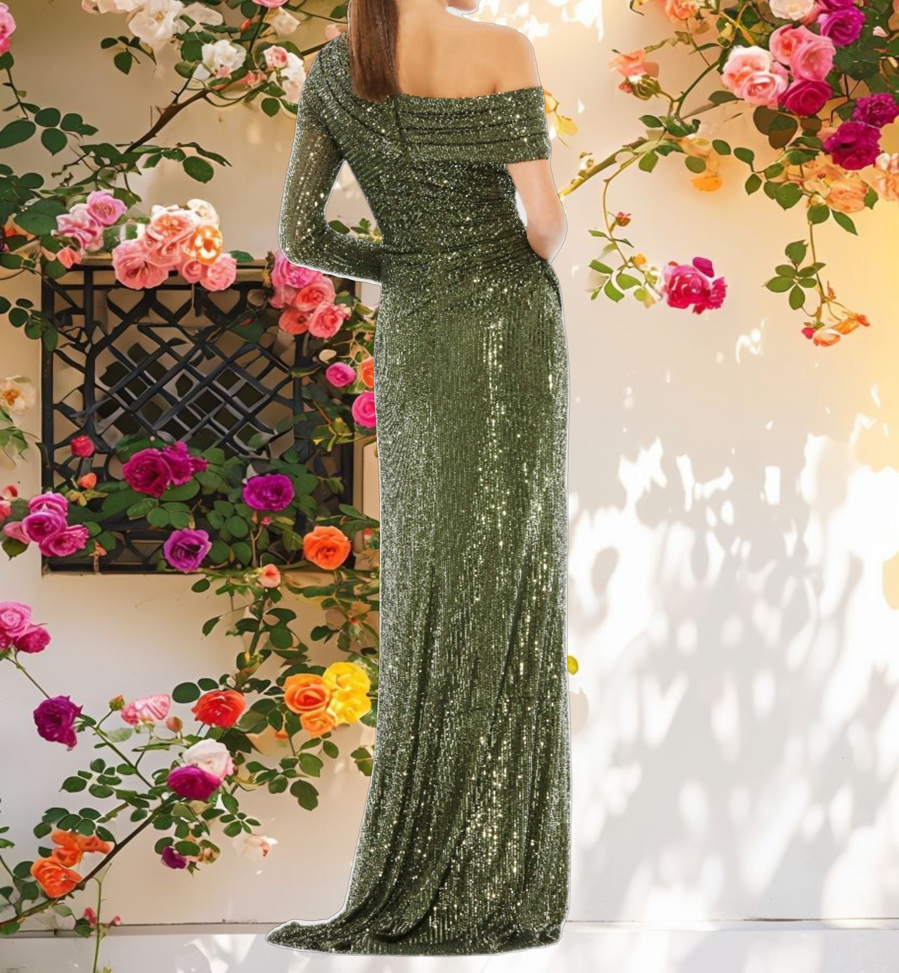 Green Sequined Drop Shoulder Faux Wrap Gown