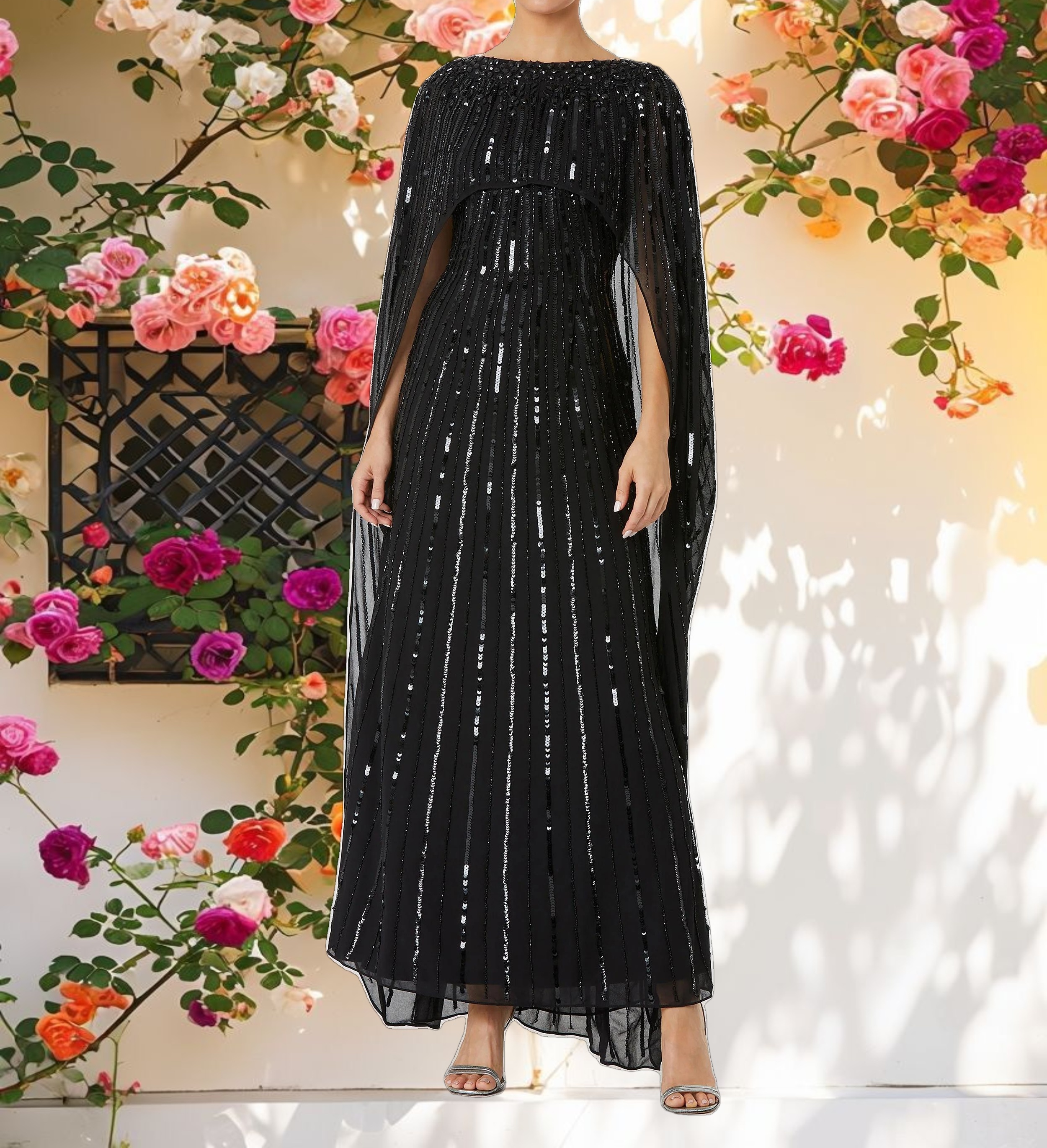 Black Embellished Beaded Column Cape Gown