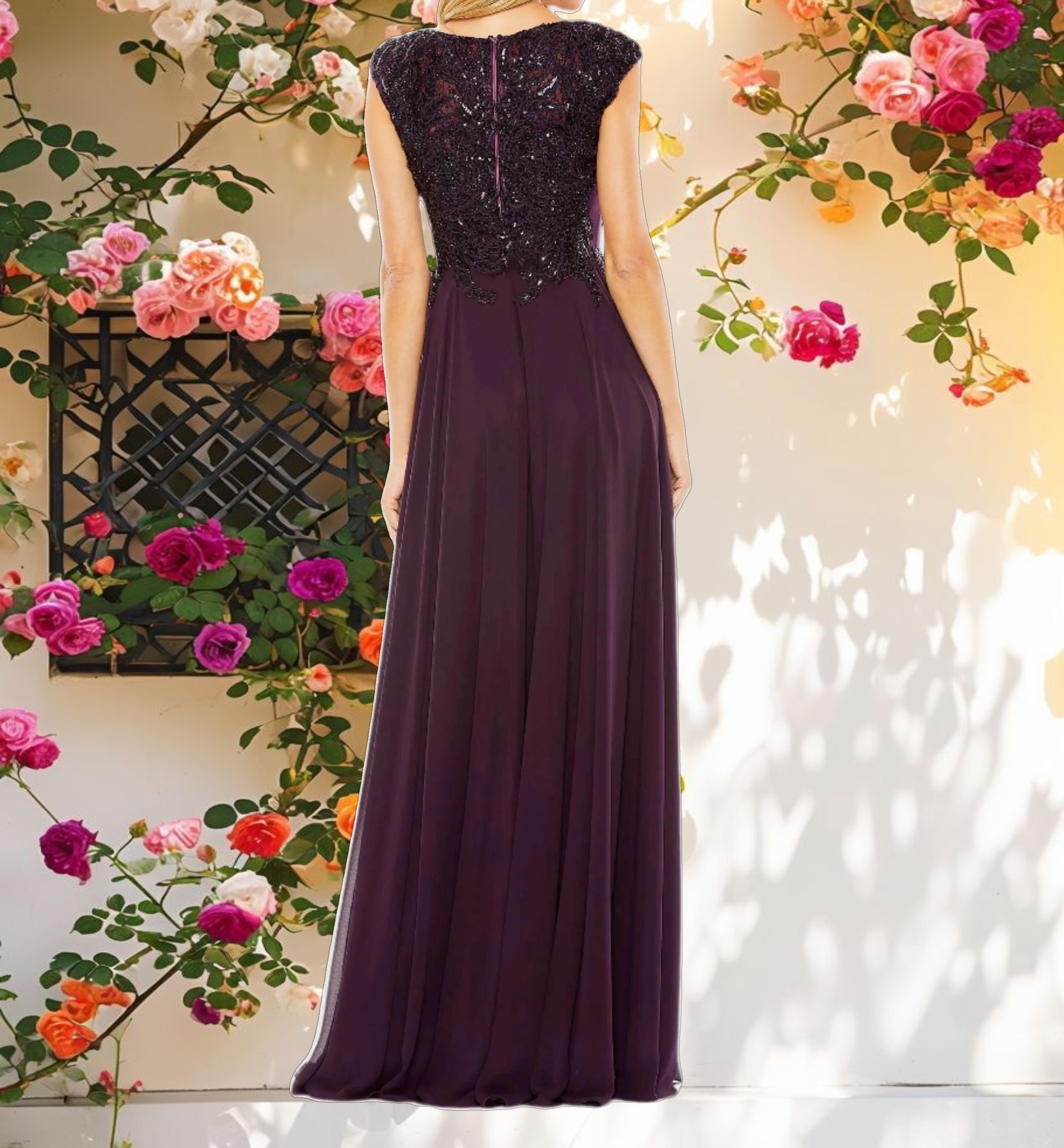 Purple Applique Cap Sleeve Bodice Flowy Gown