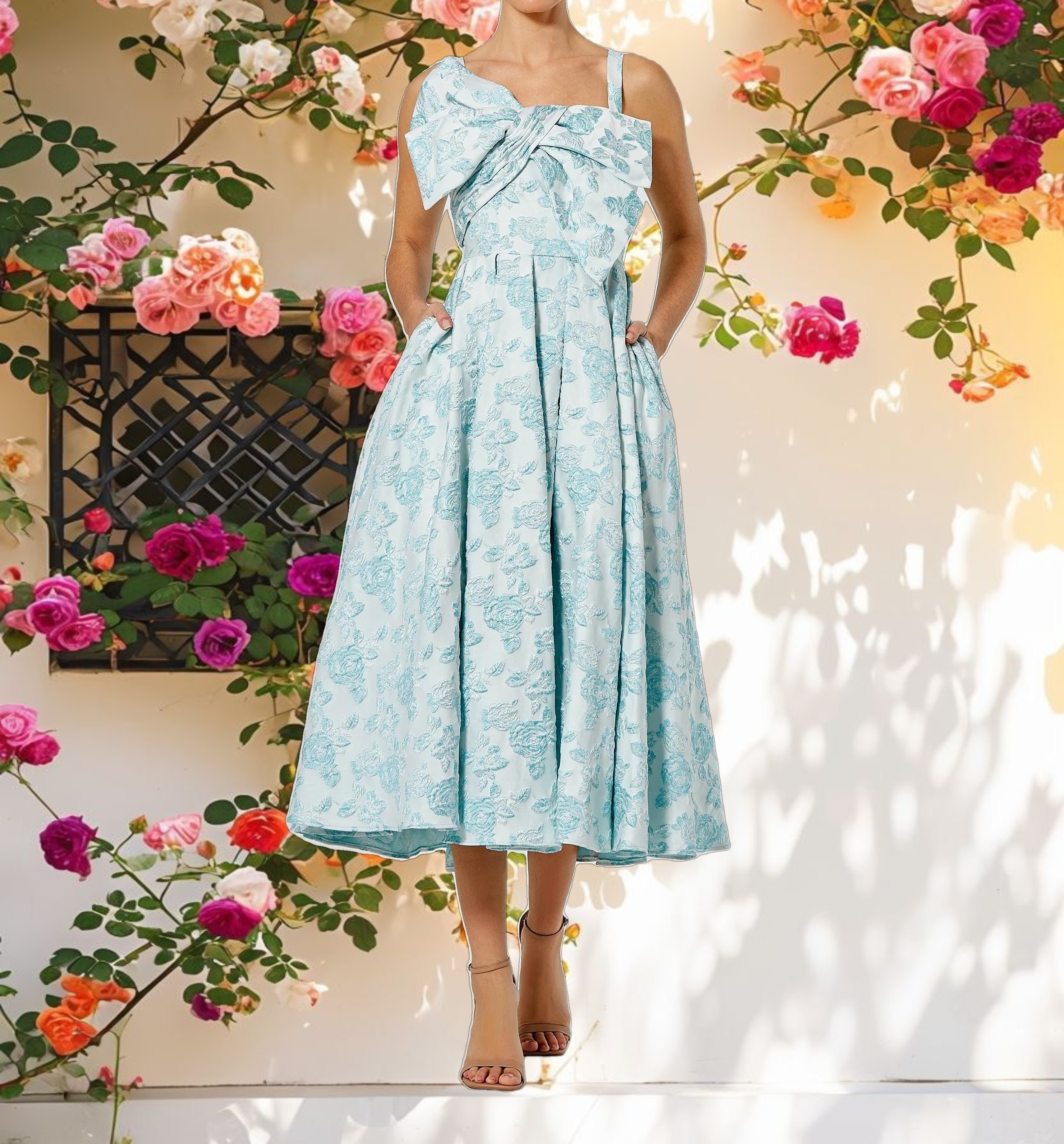 Blue Sleeveless Large Bow Detail Floral Brocade Dress