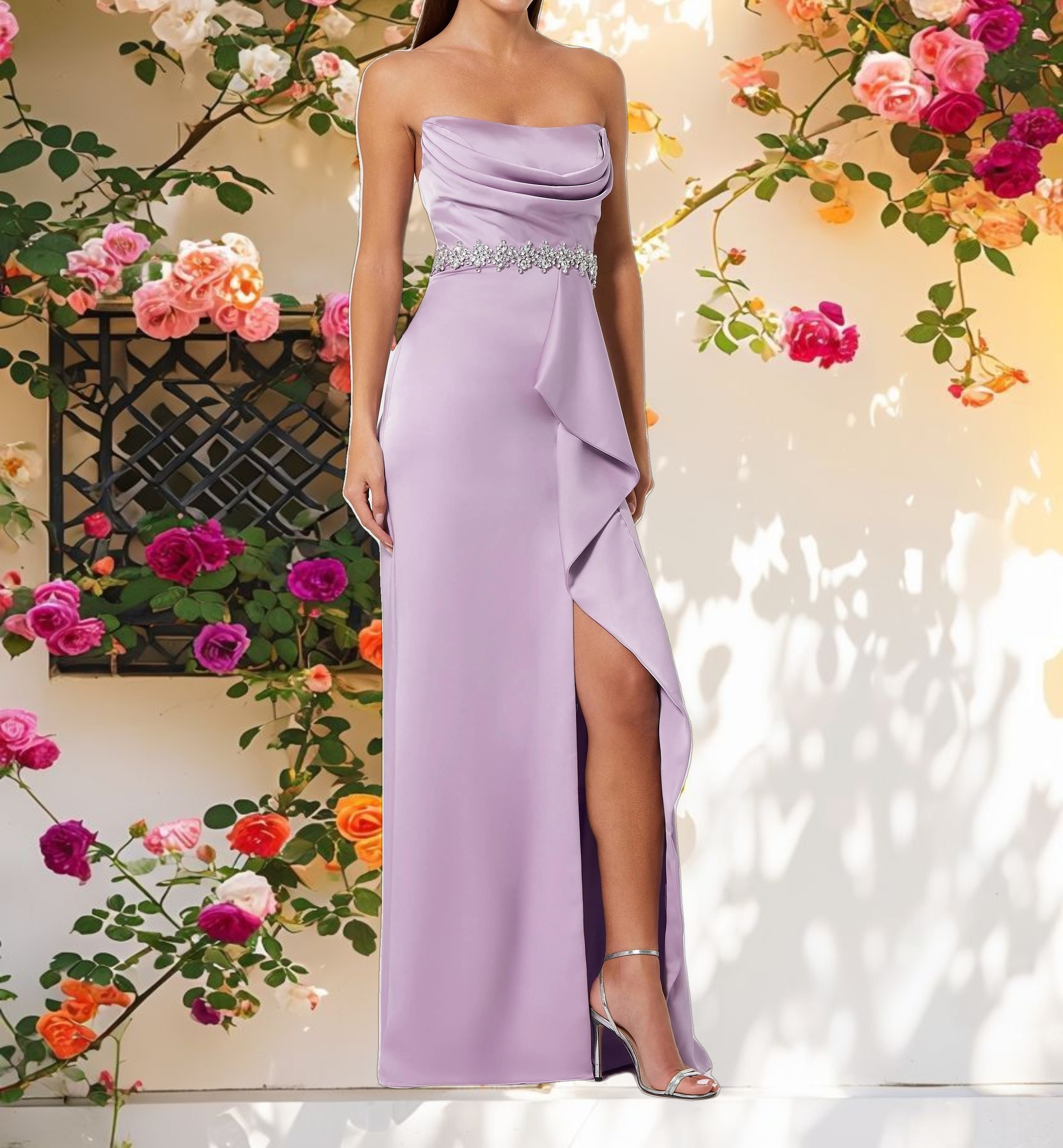 Pink Strapless Silk Dress With Decorated Belt Detail