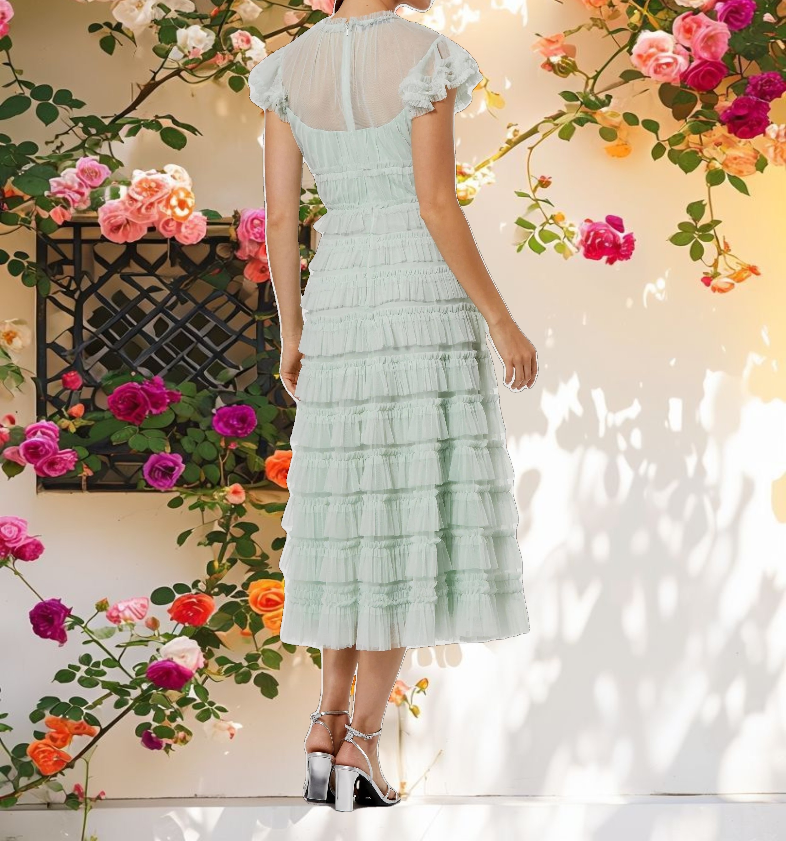 Green Mesh Micro Ruffle High Neck Midi Dress