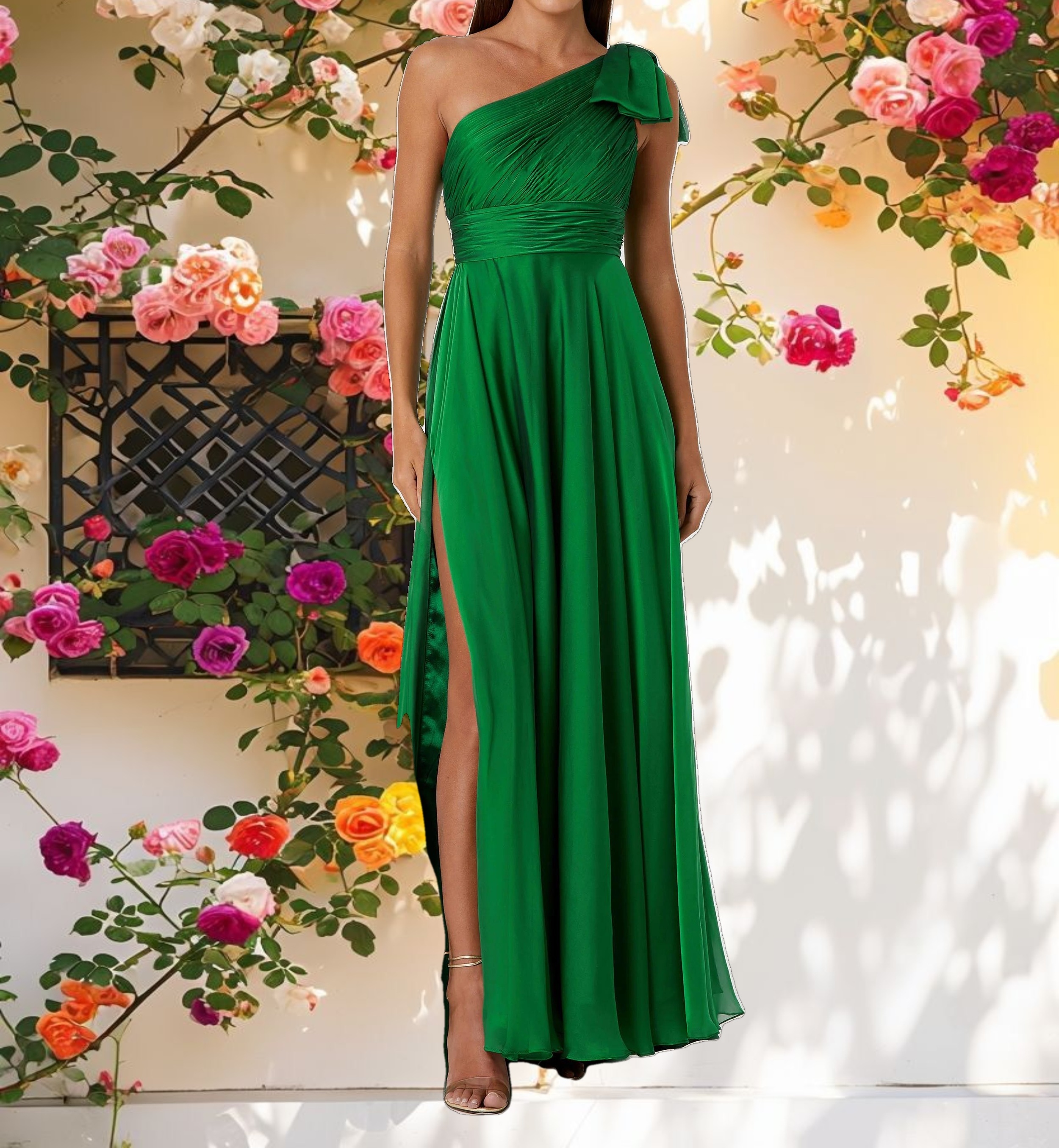 Green Pleated One Shoulder Chiffon Gown