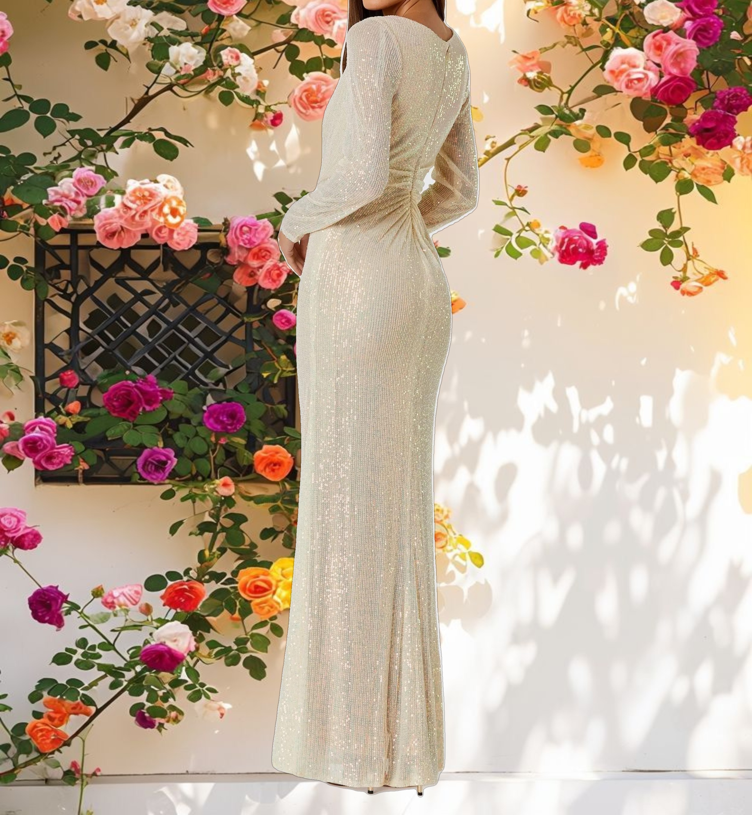 Sequined Ruched Long Sleeve Boat Neck Gown