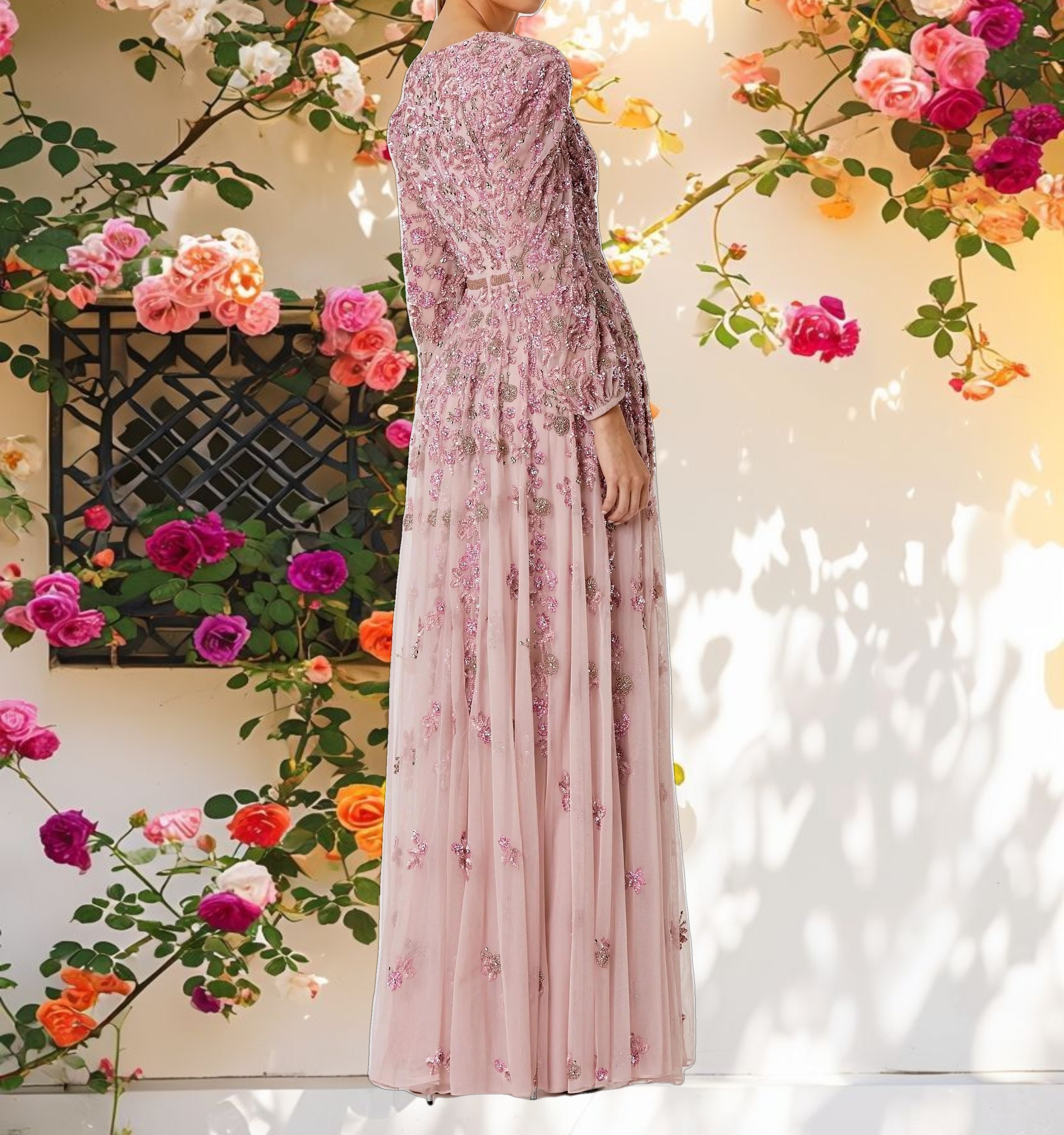 Embellished V-neck Long Sleeve A Line Gown