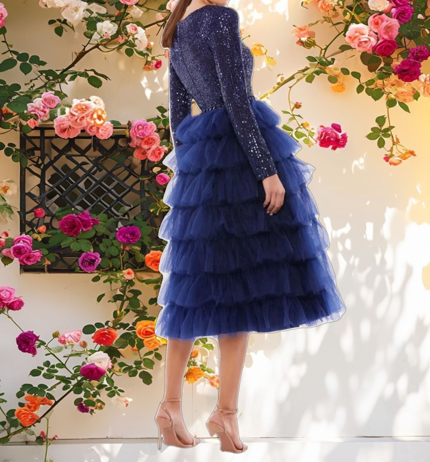 Blue Long Sleeve Ruffle Tiered Midi Dress