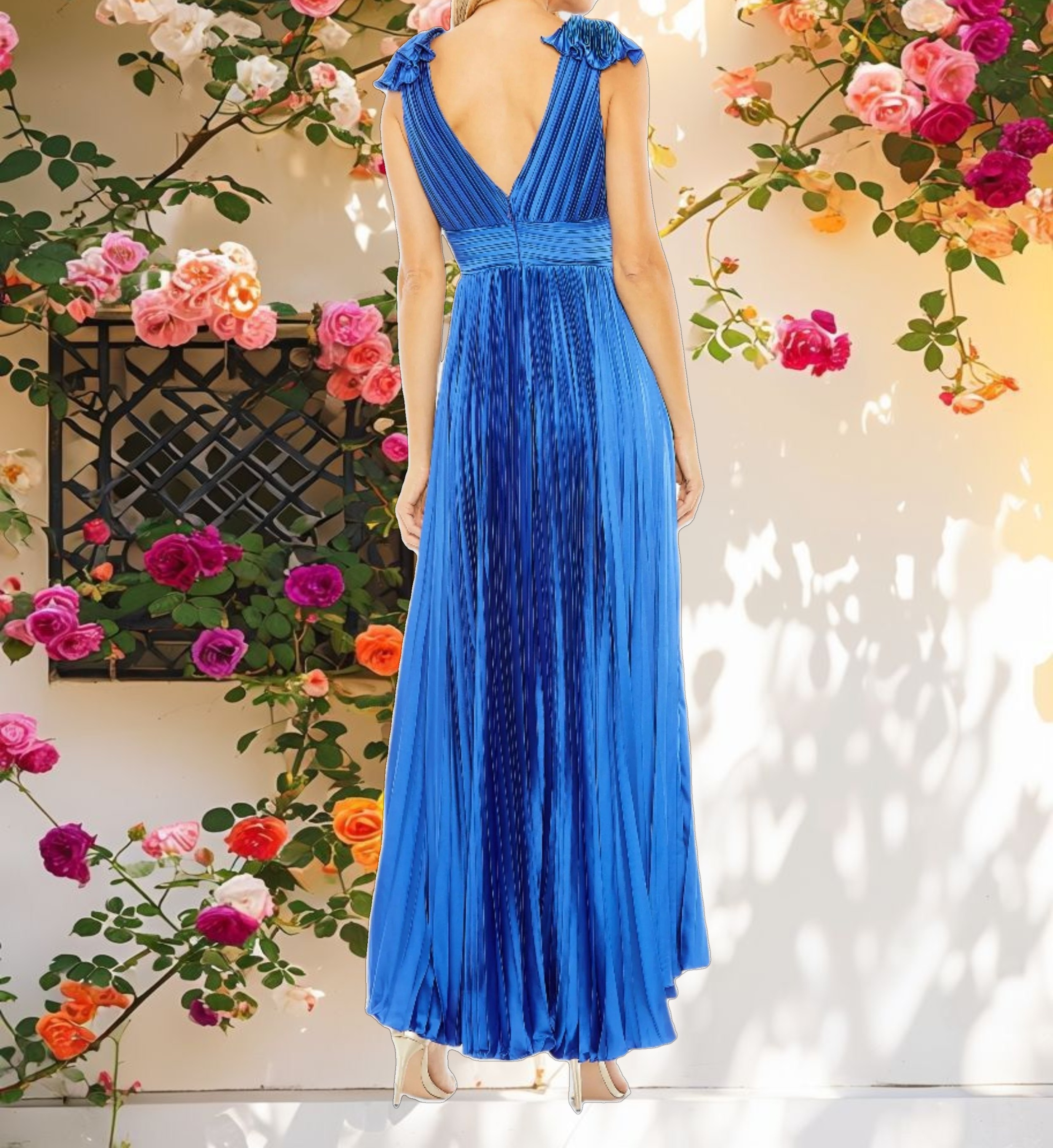 Blue Ruffle Top Sleeveless V Neck Pleated Gown