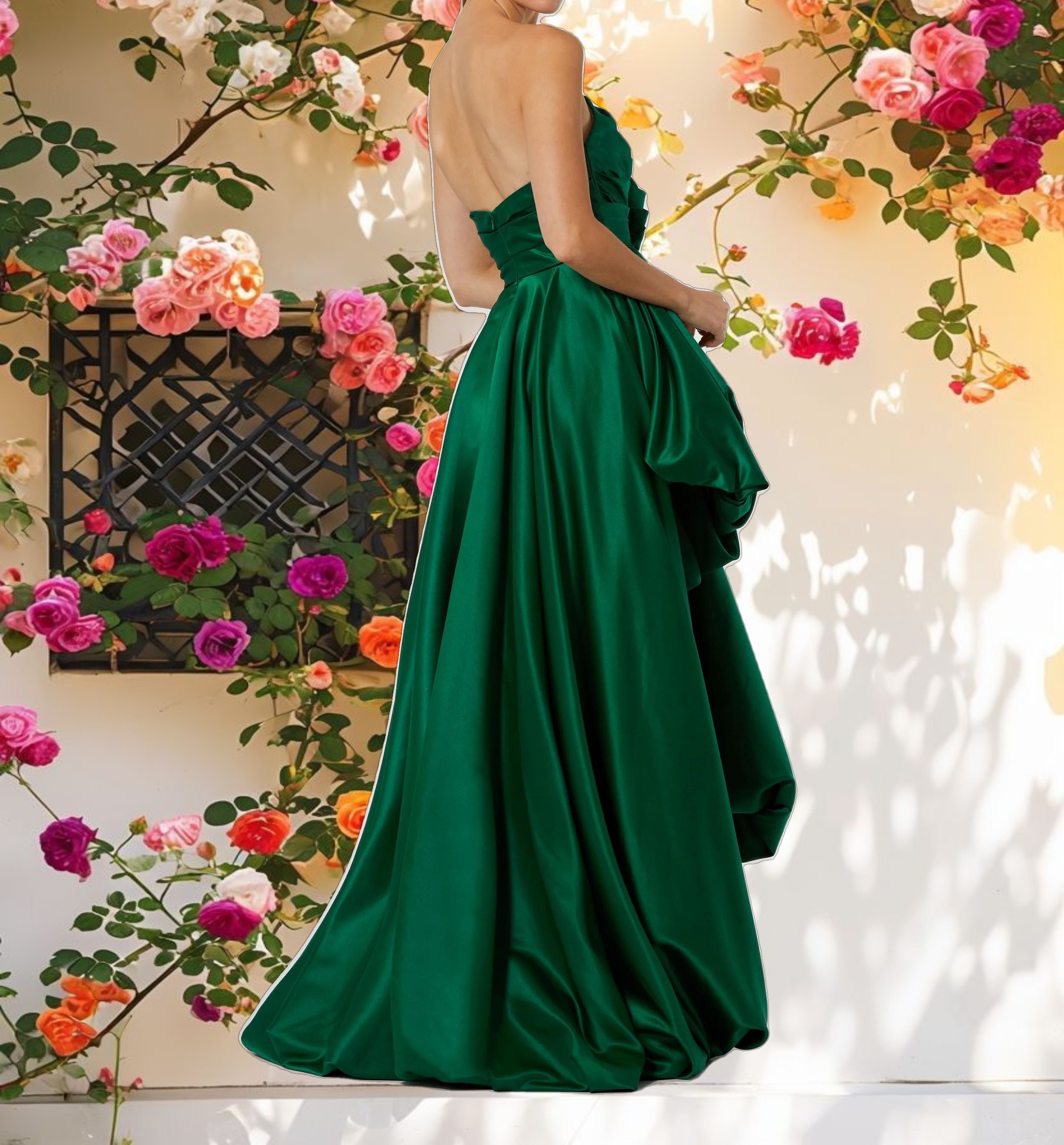 Green Strapless Ruched High Low Gown