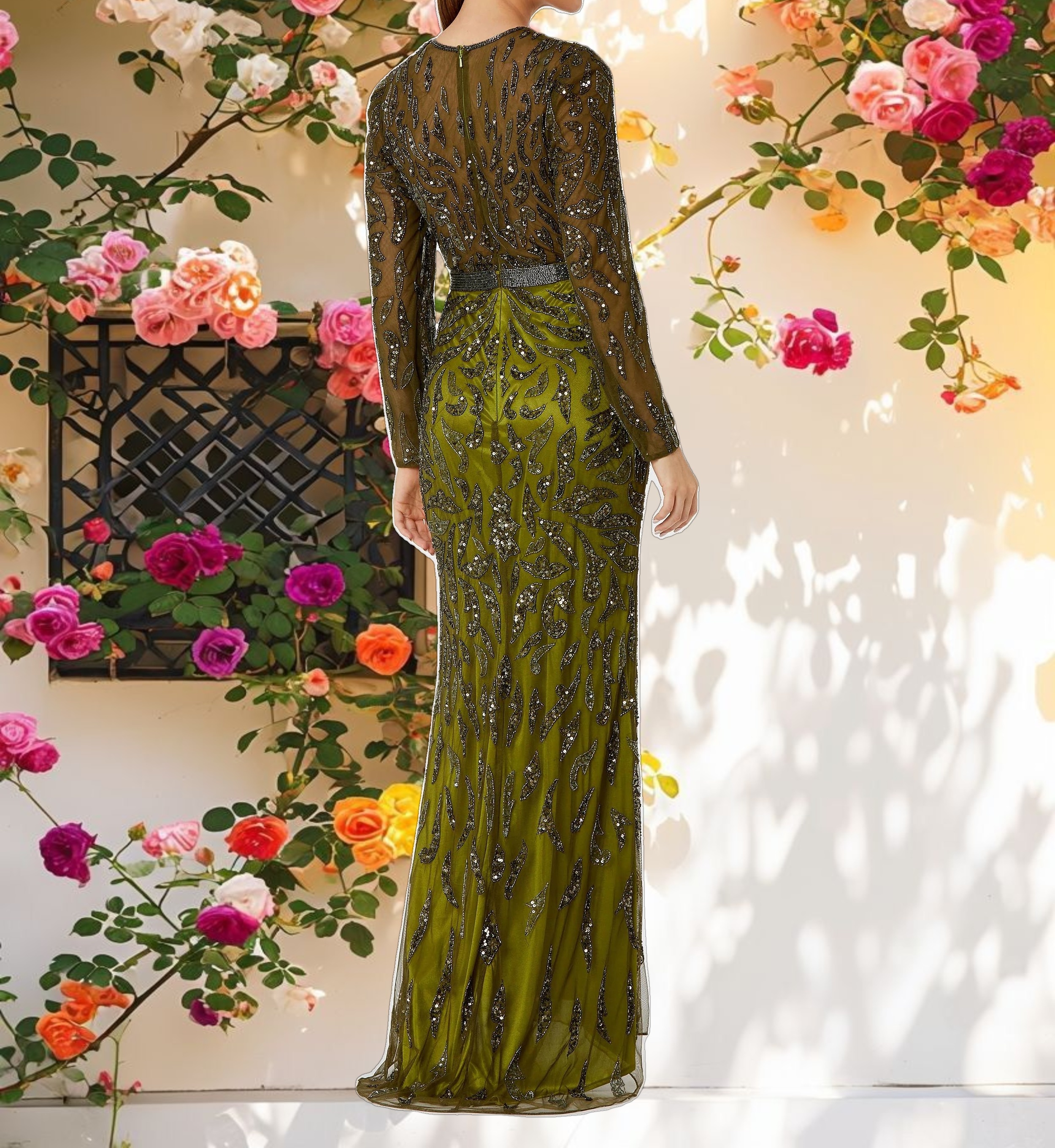 Green Beaded Long Sleeve Evening Gown