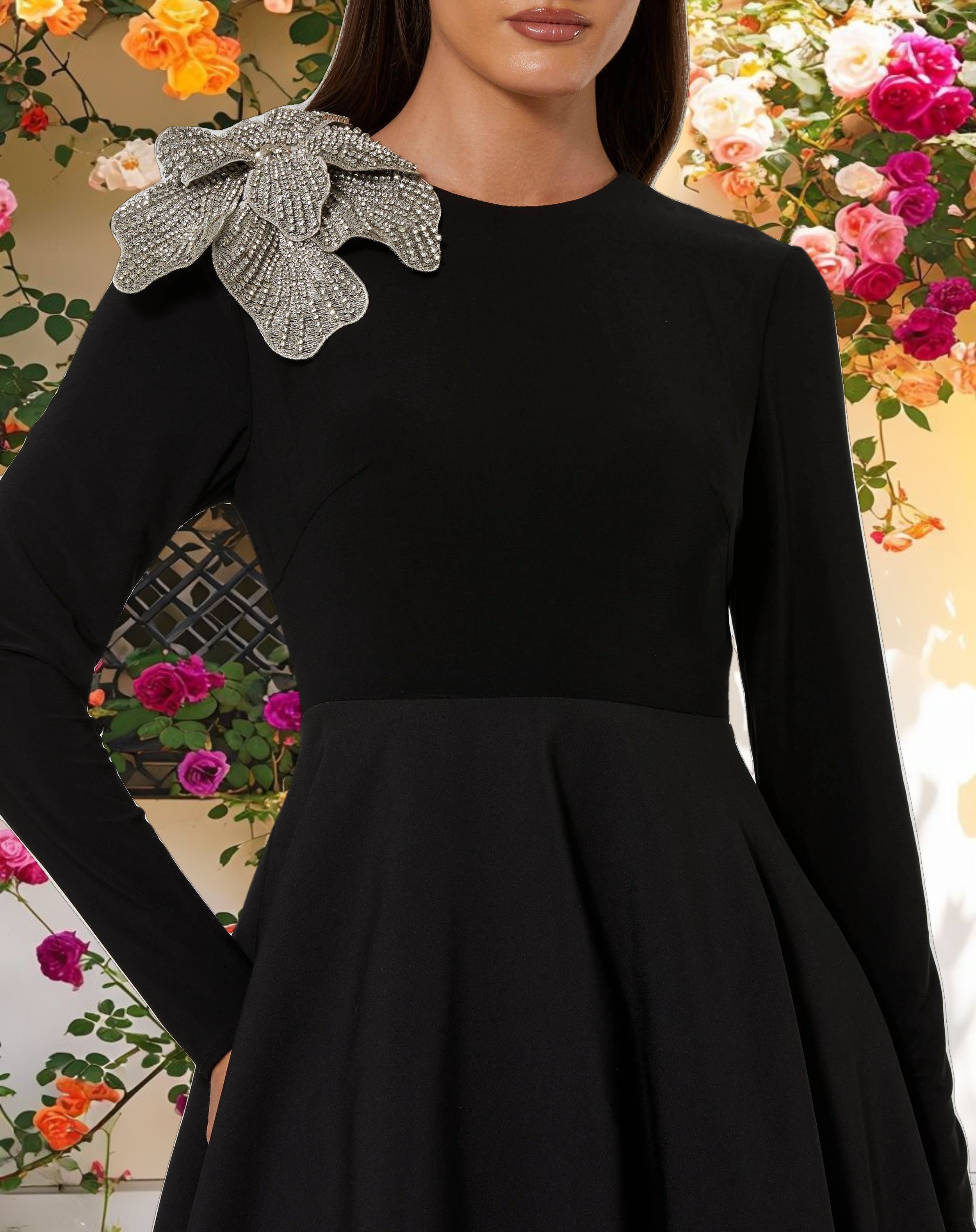 Black Long Sleeve Ball Gown Taffeta with 3D Rhinestone Flower