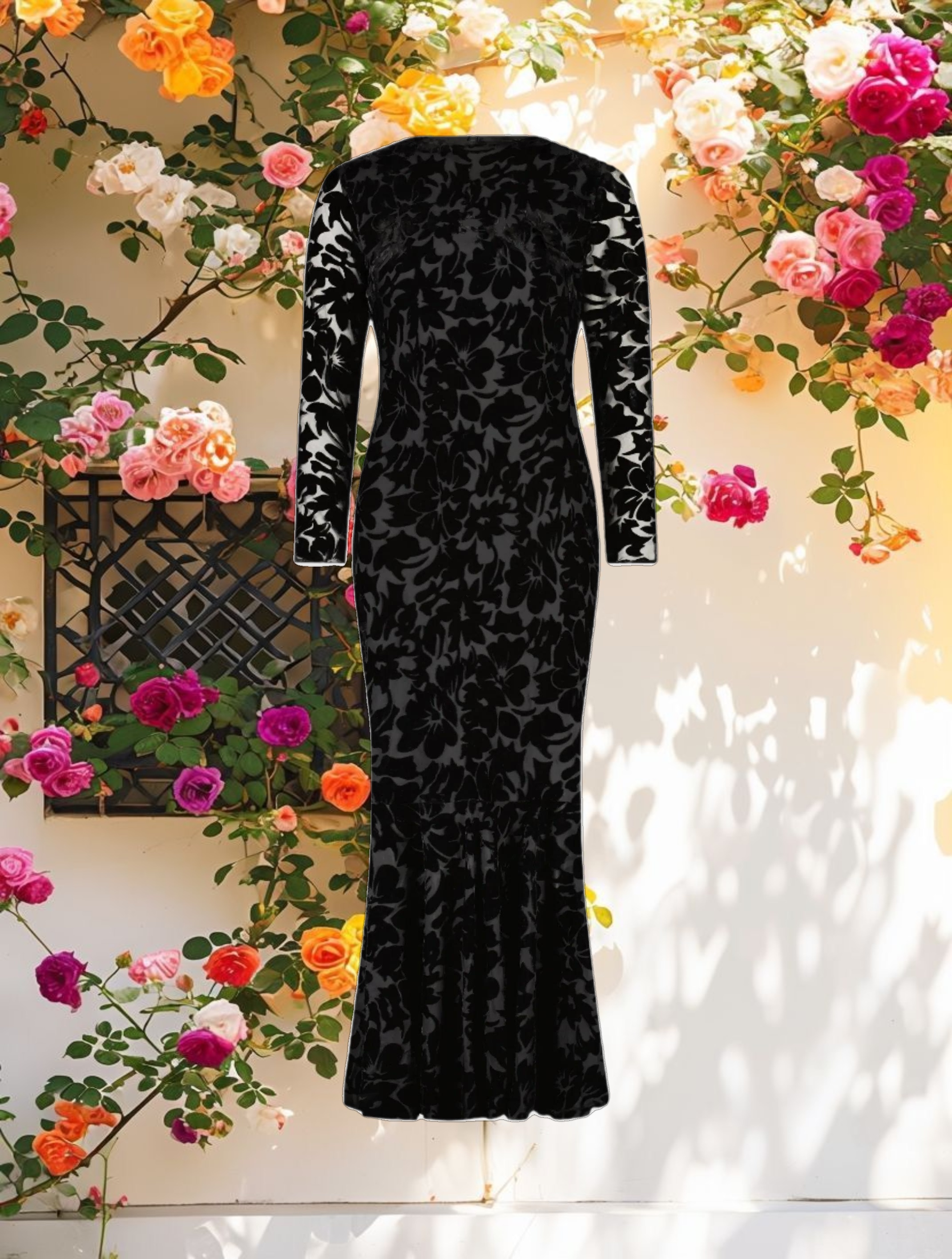 Dark Velvet Long Sleeve Ruffle Hem Midi Dress