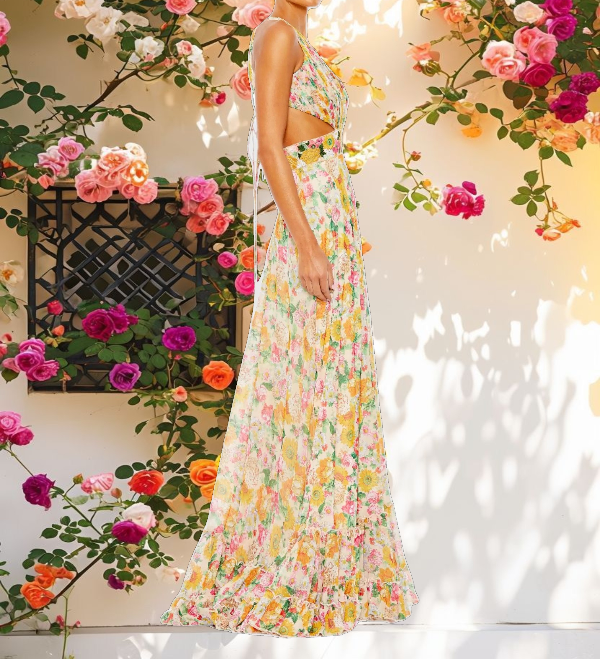 Floral Print Cut Out Lace Up Tiered Gown