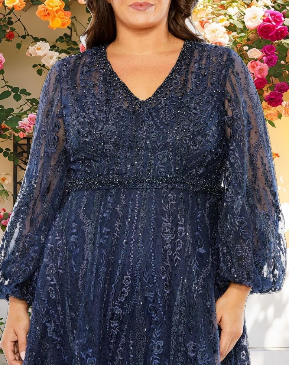 V Neck Puff Sleeve Embroidered A Line Gown