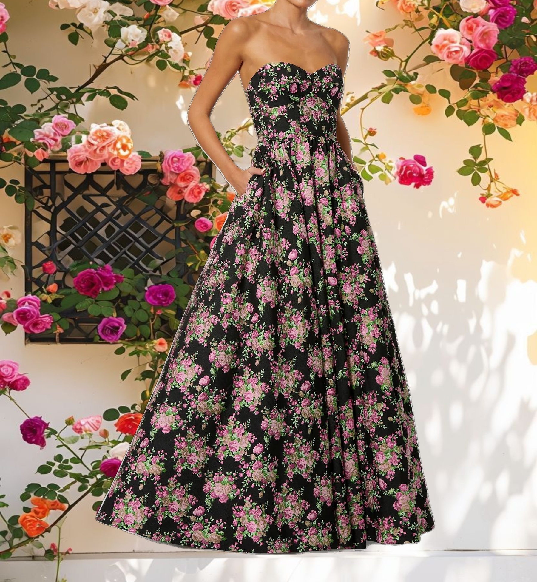 Black Strapless Sweetheart Brocade Floral A Line Gown