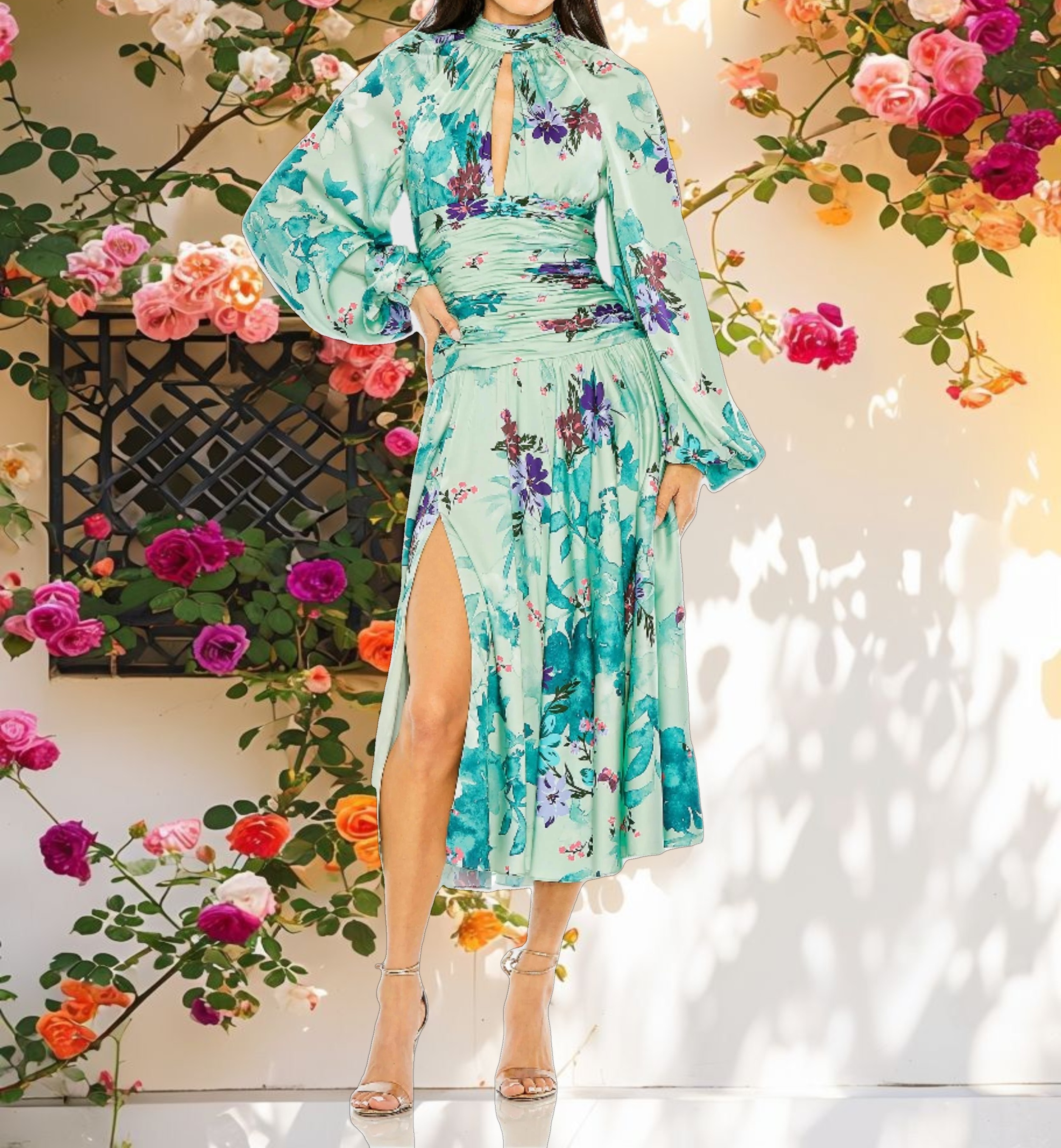 Green Keyhole Satin Long Sleeve Floral Gown