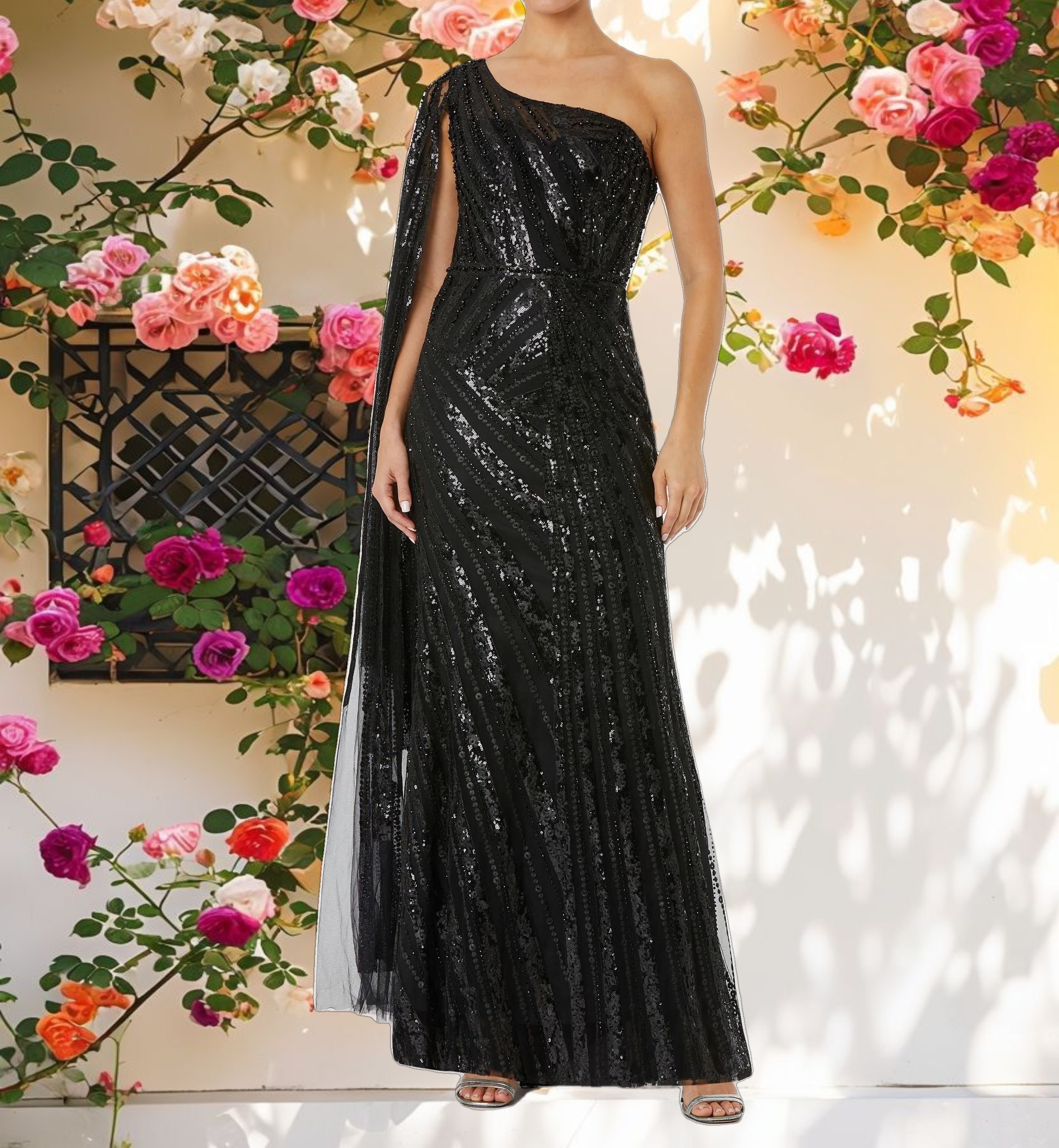 Black One Shoulder Cape Sleeve Embellished Gown