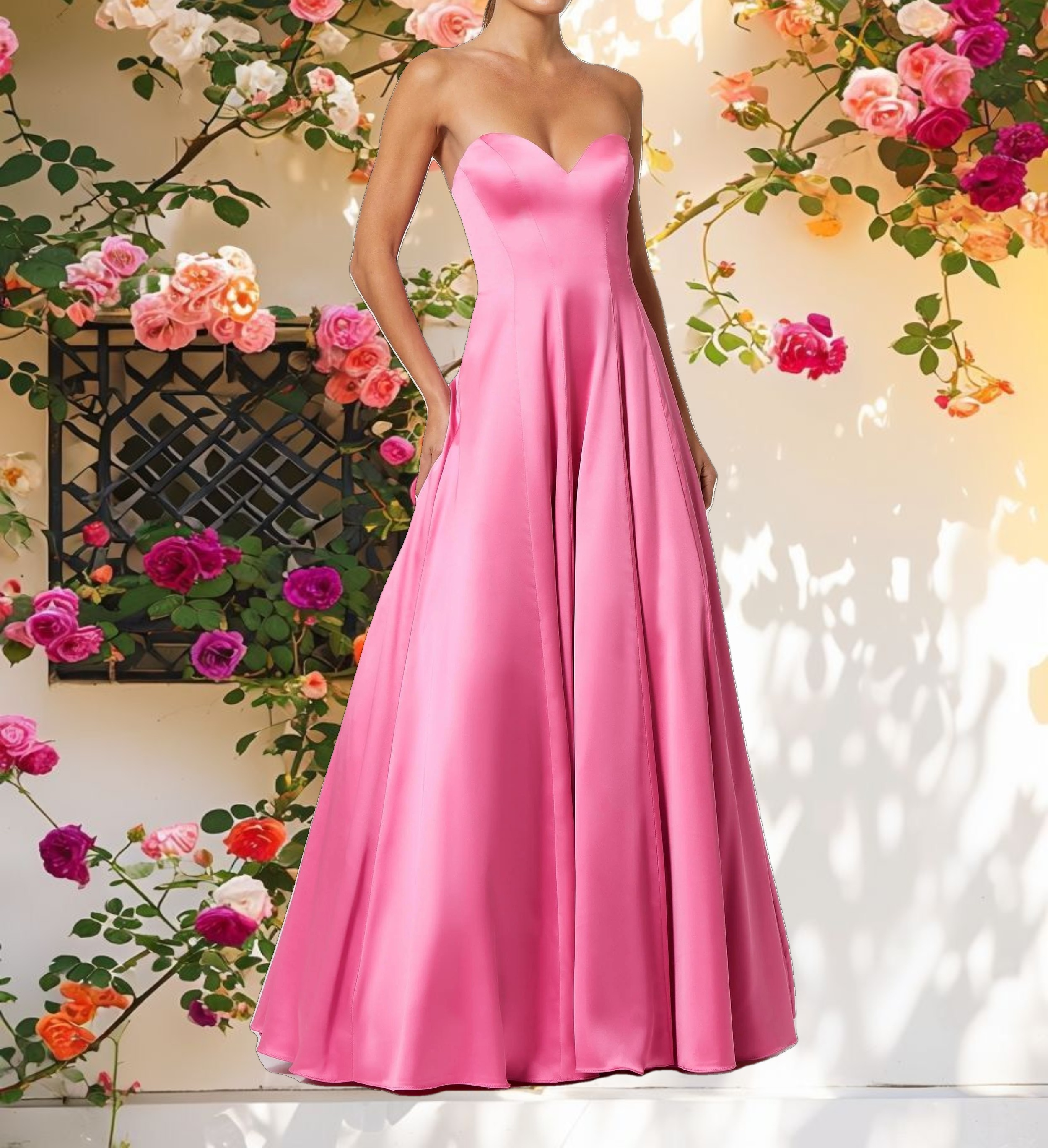 Pink Strapless Satin Ballgown With Bow Details