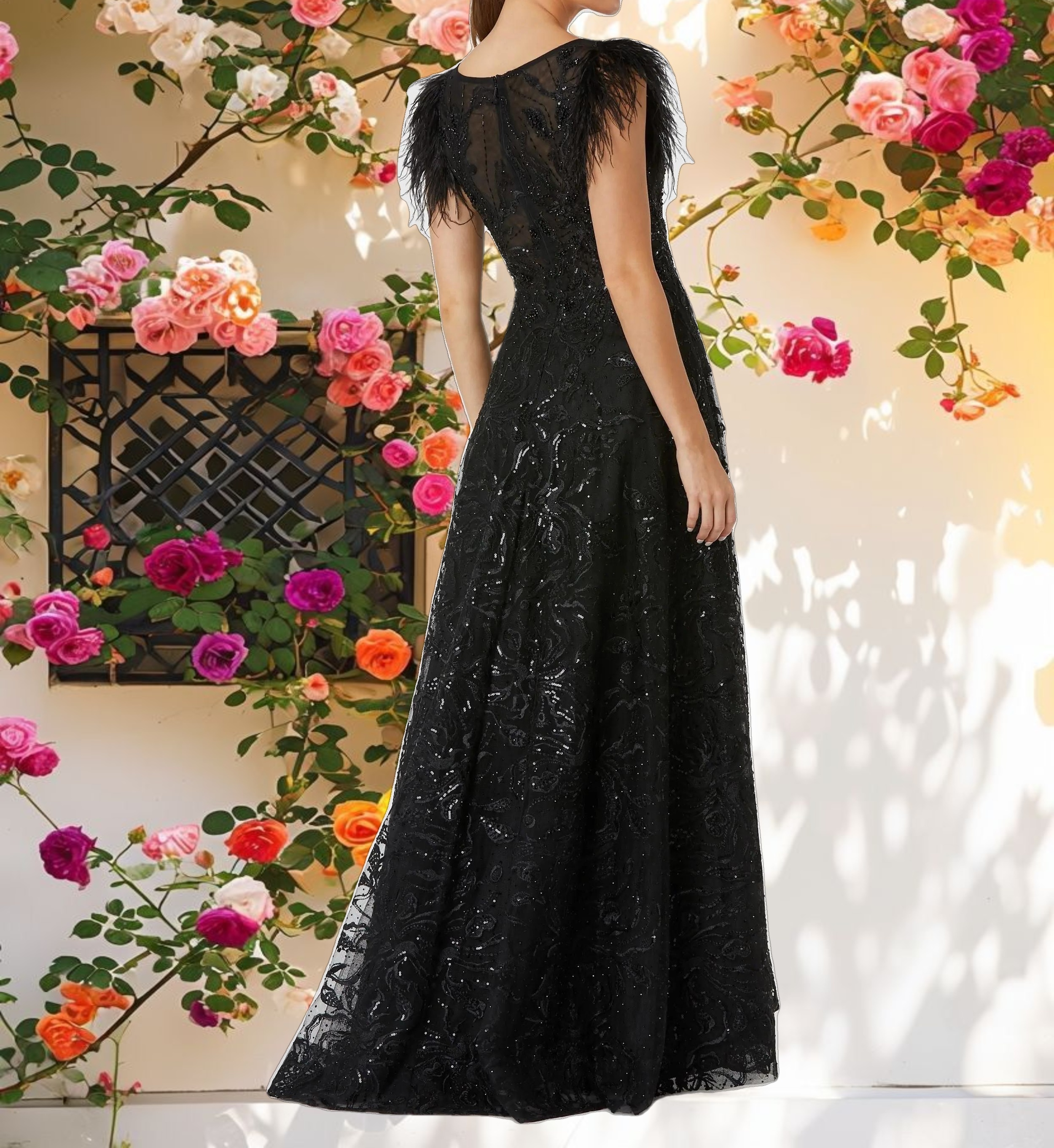 Feather Cap Sleeve Bateau A Line Gown