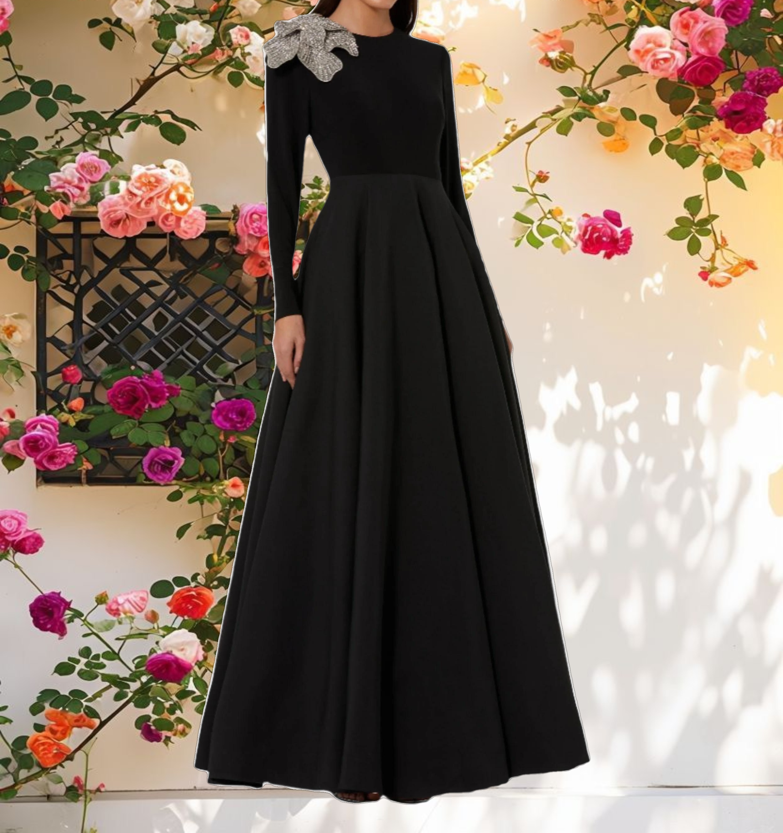 Black Long Sleeve Ball Gown Taffeta with 3D Rhinestone Flower