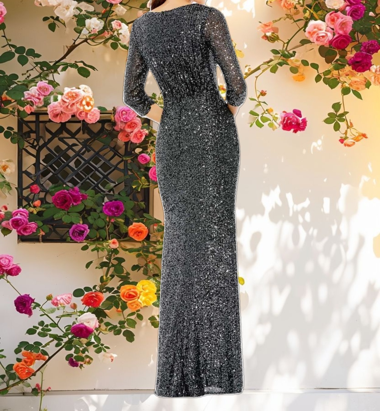 Gray Sequined Draped 3/4 Sleeve Gown