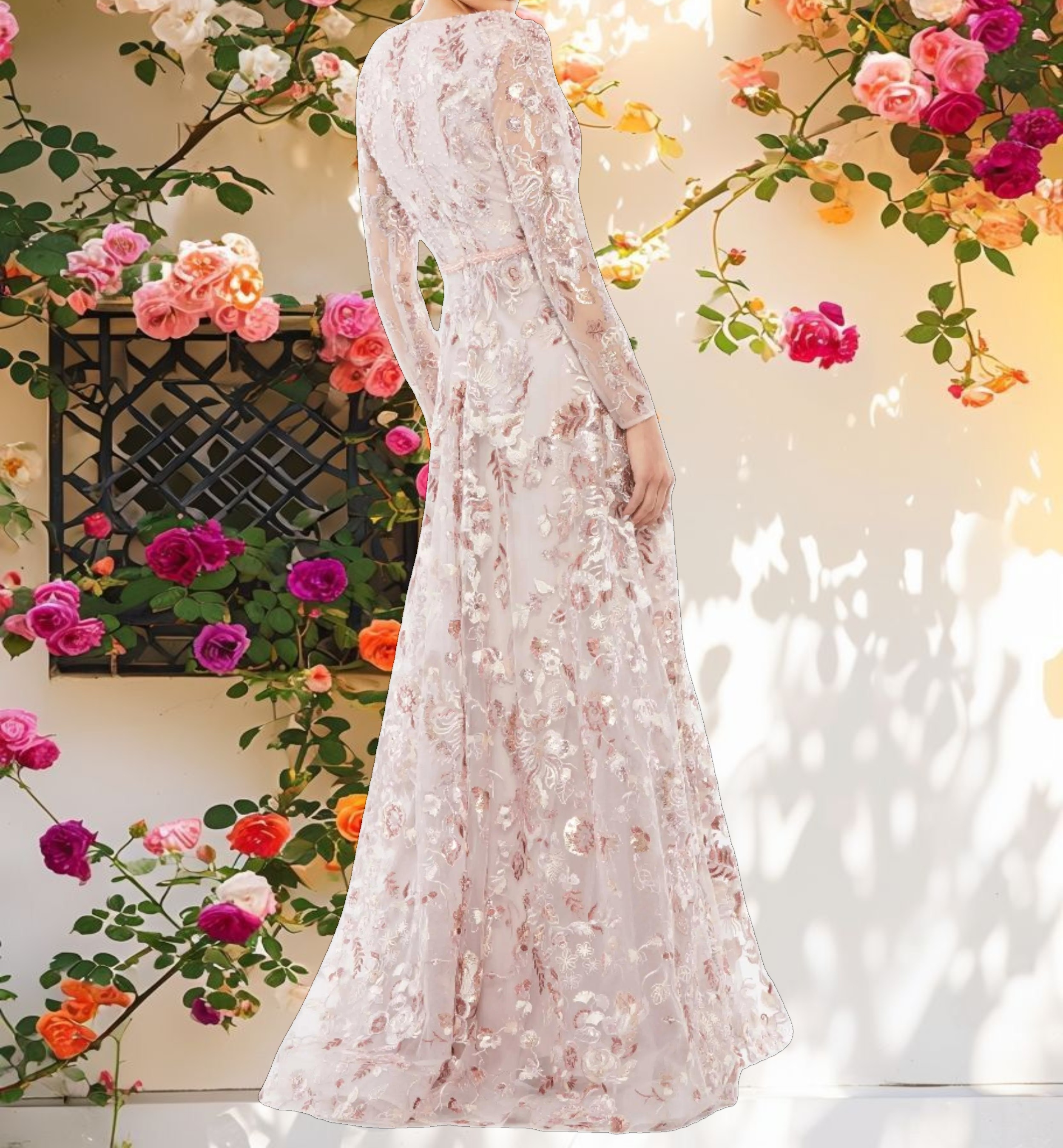 Stitched V Neck Long Sleeve A Line Dress