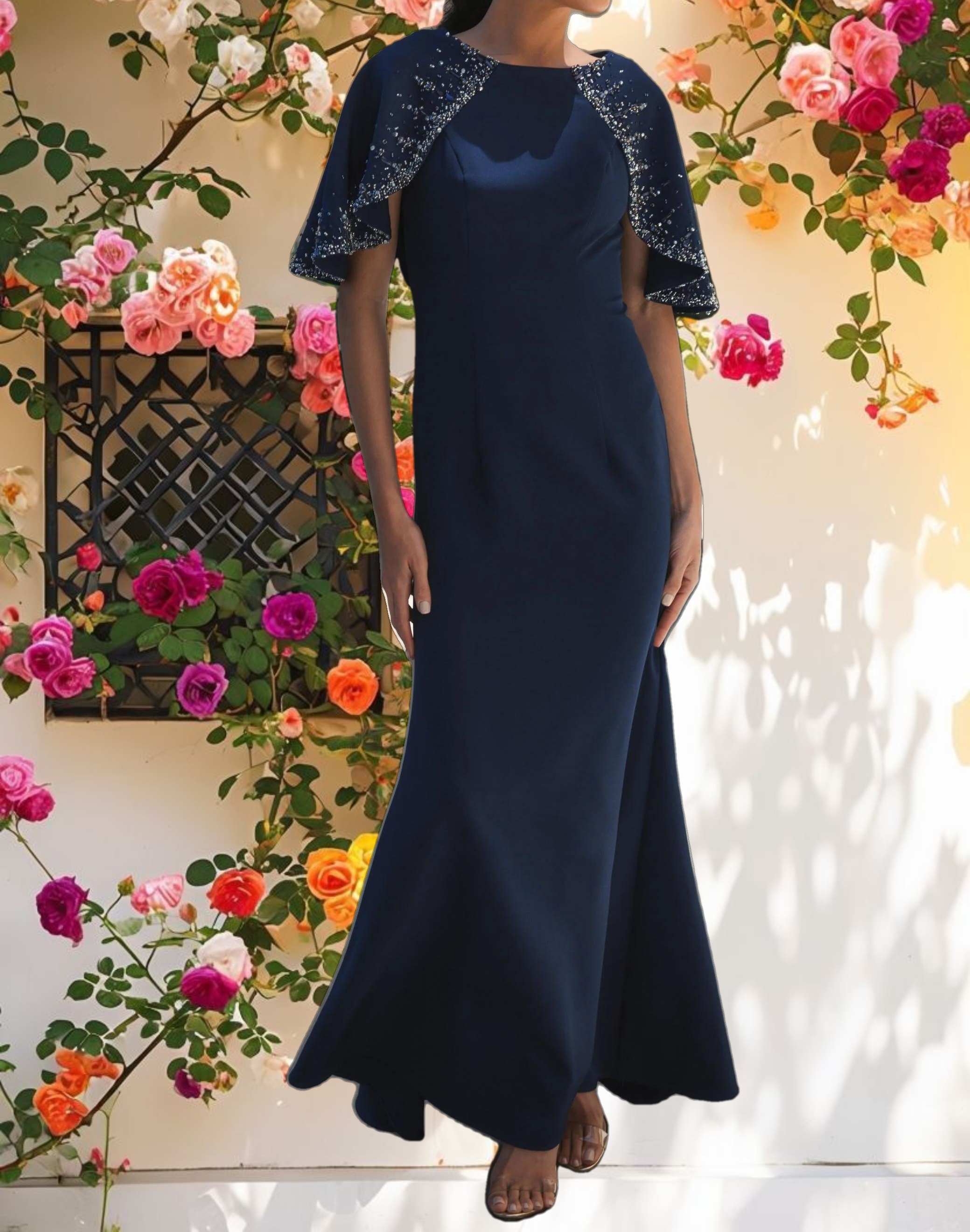 Crepe High Neck Fitted Gown With Beaded Shawl