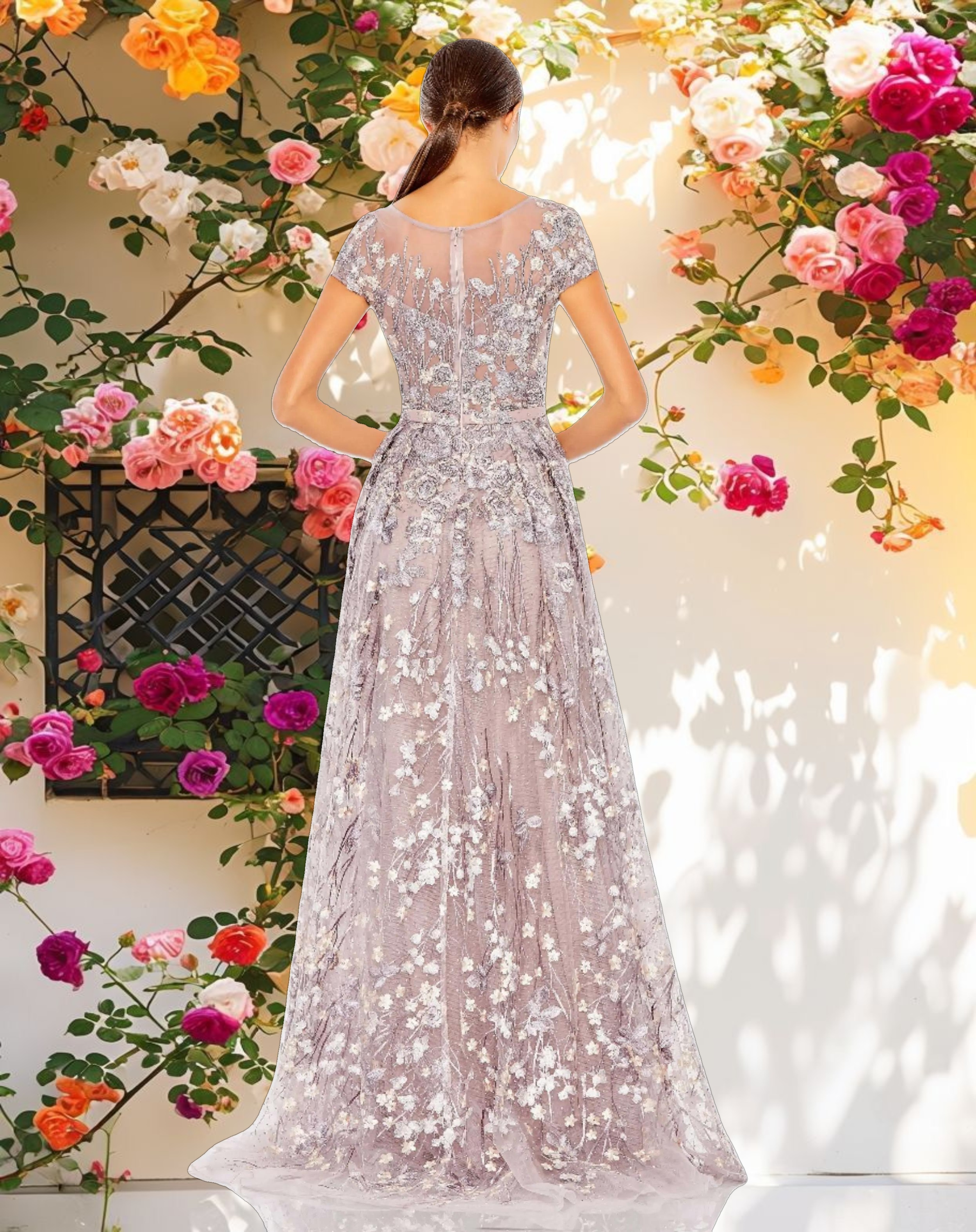 Light Purple Embellished Floral Cap Sleeve A Line Gown