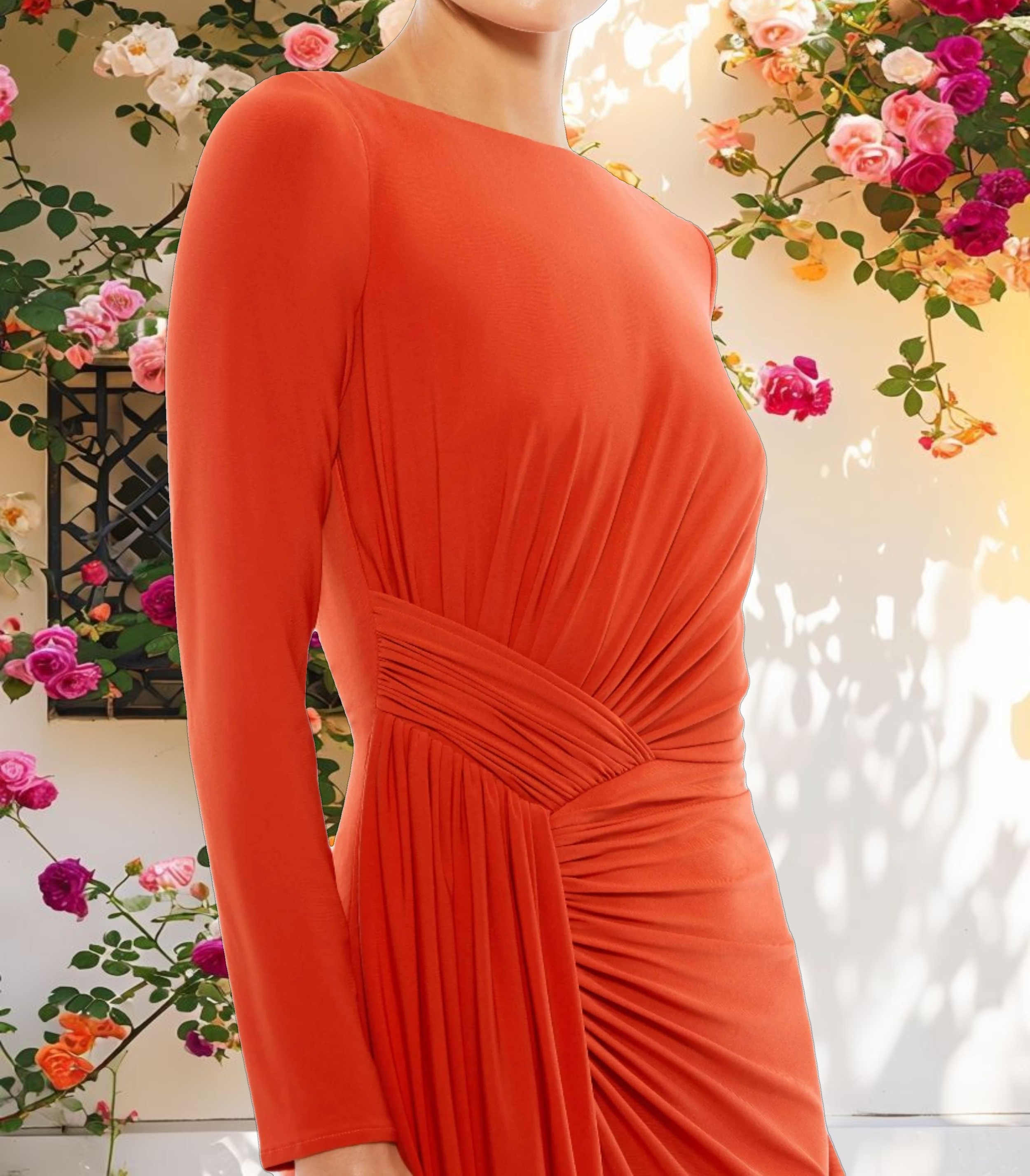 Orange Ruched Long Sleeve Cowl Neck Gown