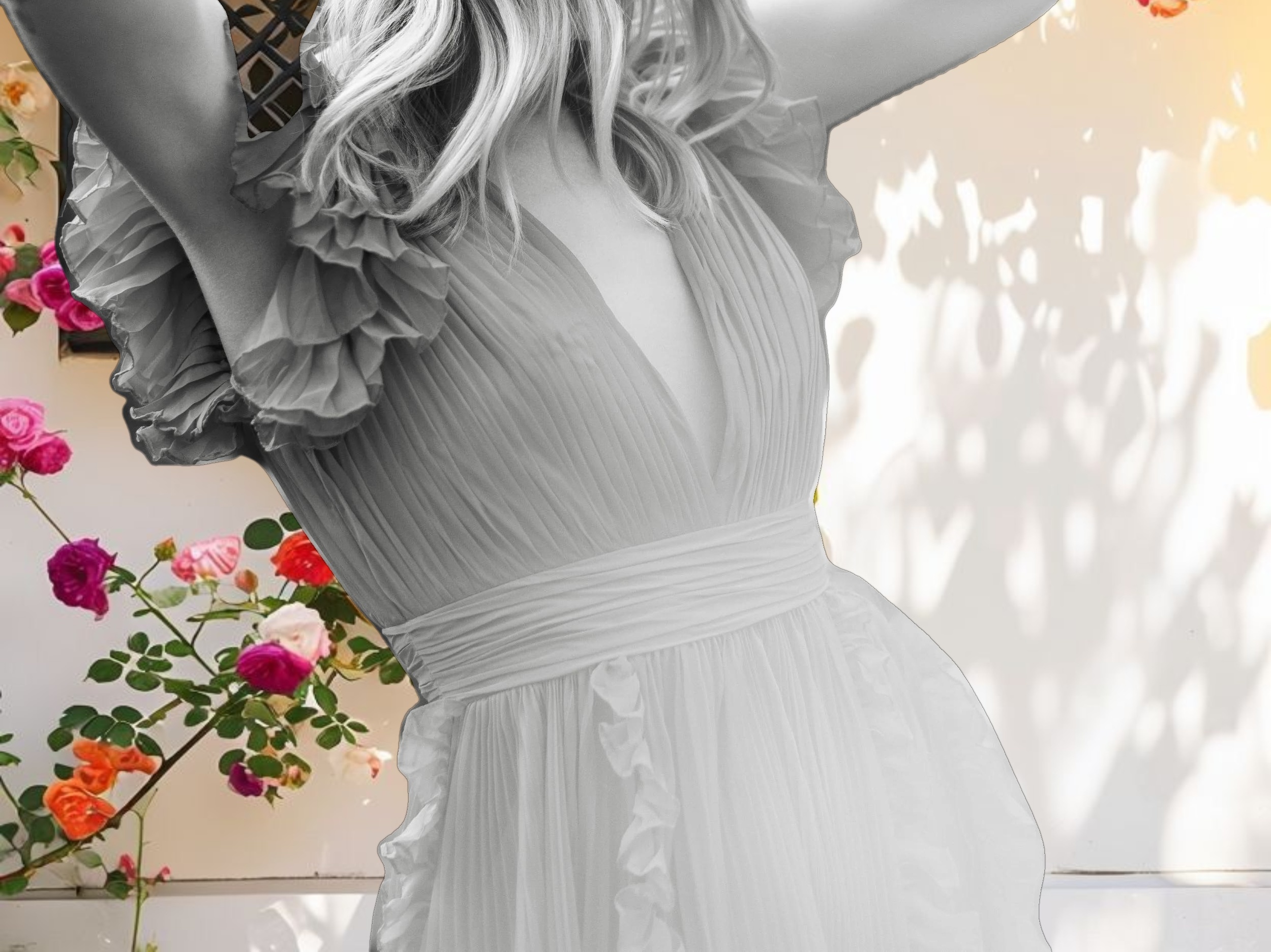 Floral Ruffle Cap Sleeve Gown