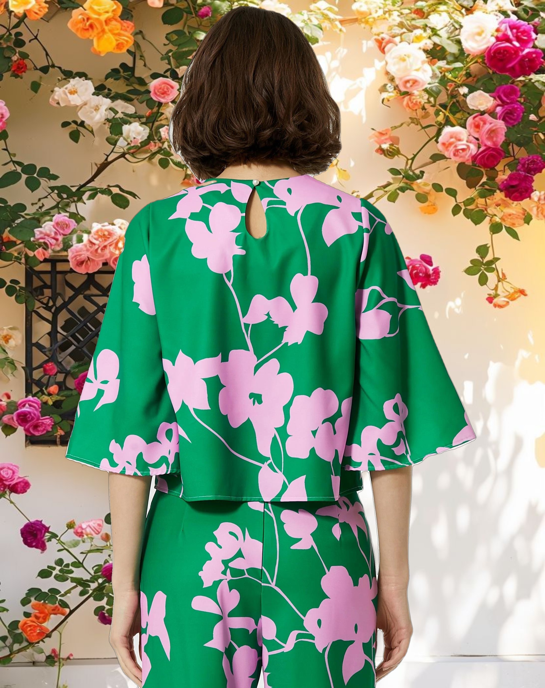 Printed Crepe 3/4 Bell Sleeve High Neck Top - FINAL SALE