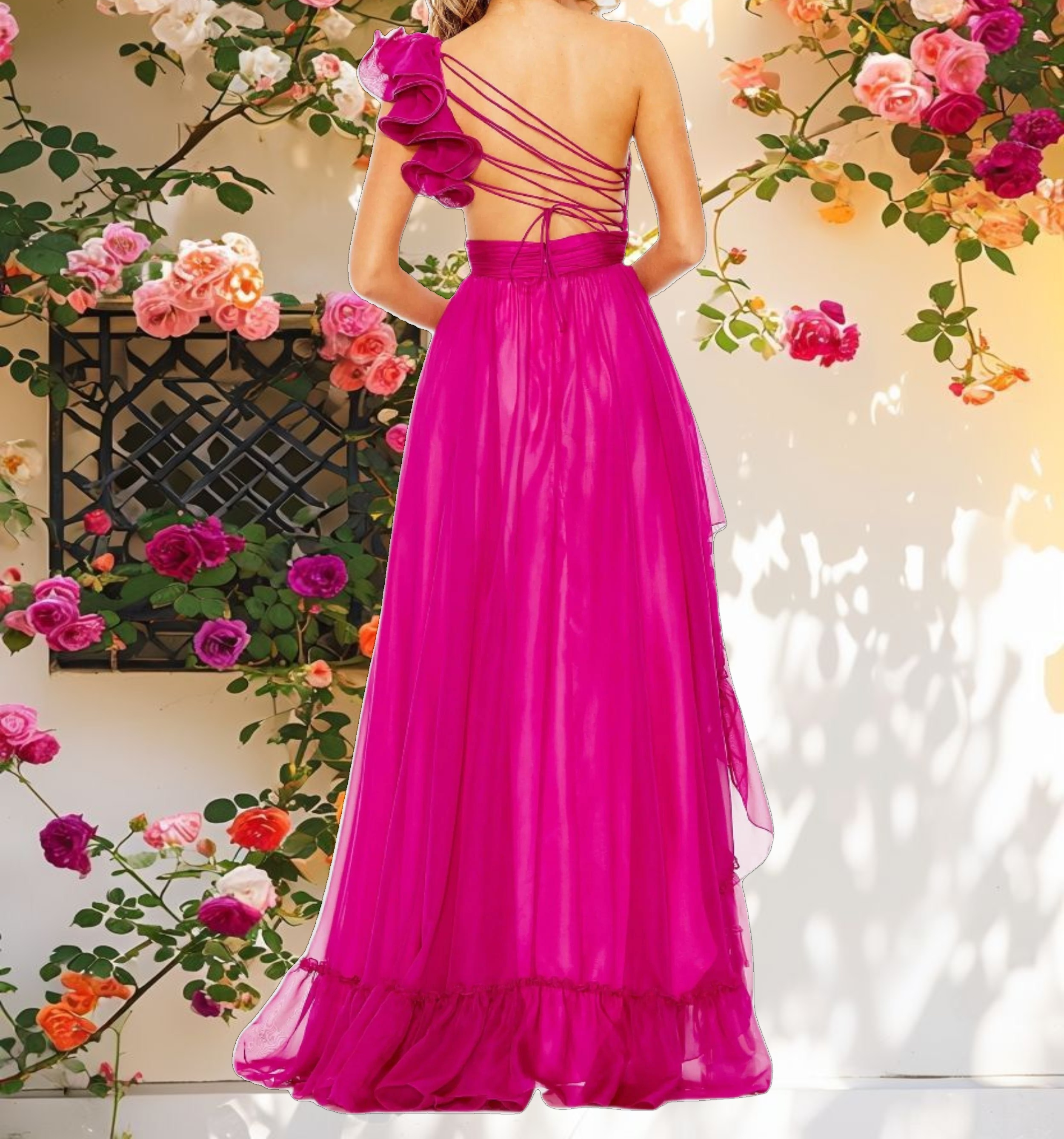 Purple Ruffled One Shoulder Asymmetrical Gown