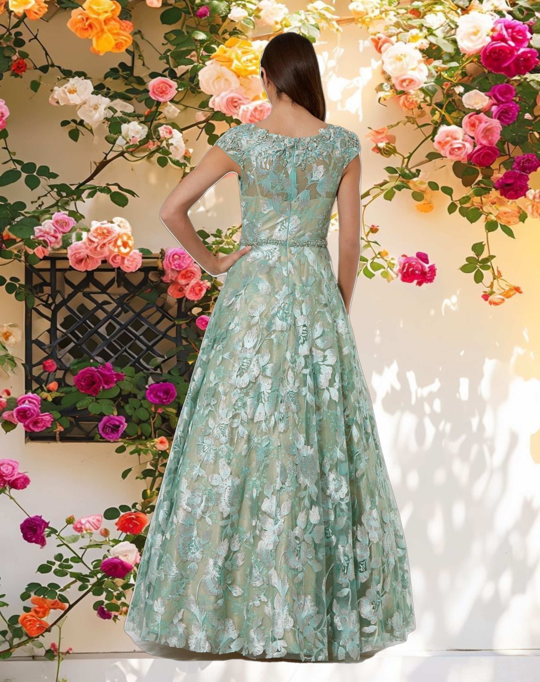 Green Embellished Cap Sleeve High Neck A Line Ballgown