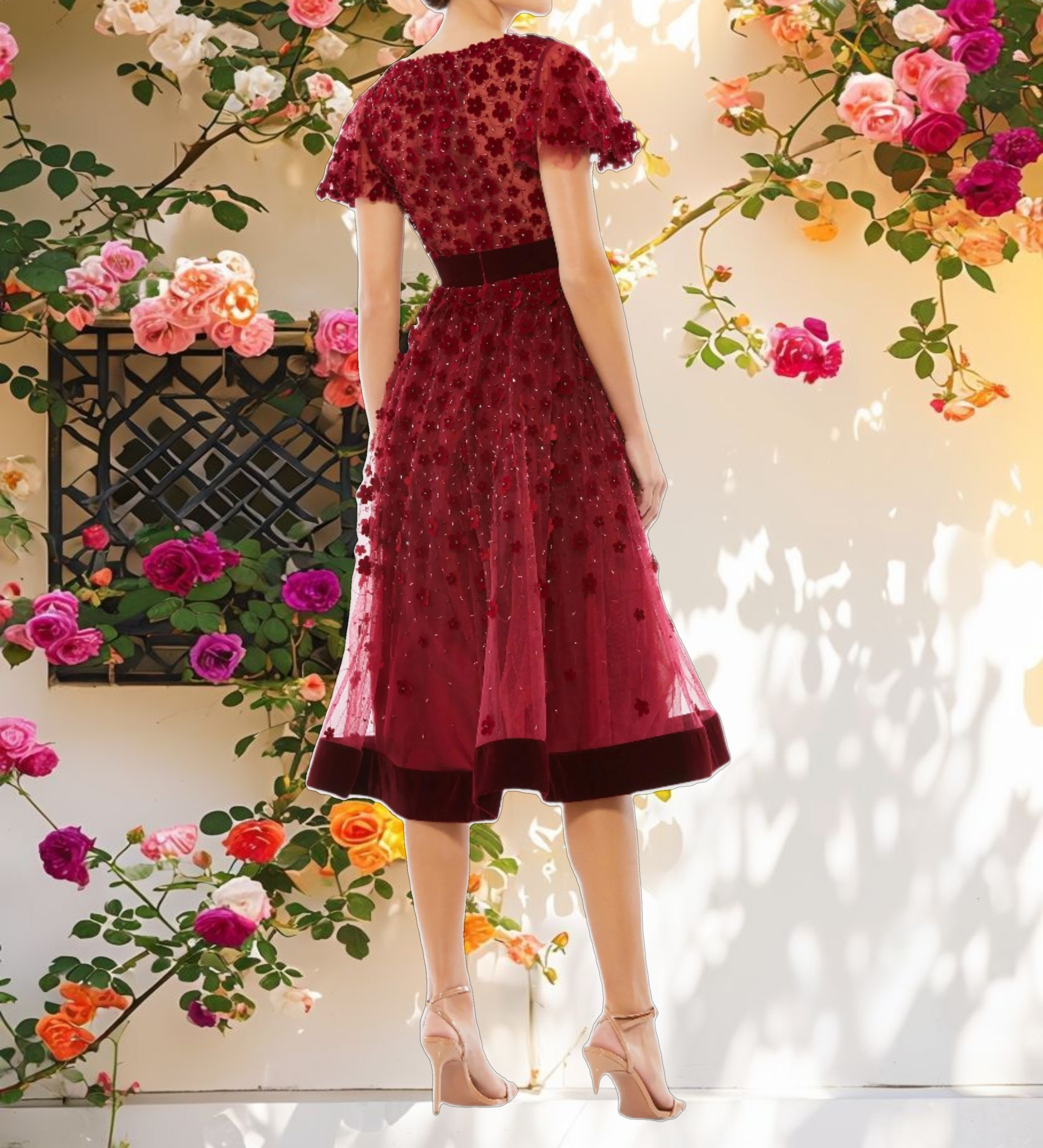 Red Embellished Butterfly Sleeve Velvet Hem Midi Dress