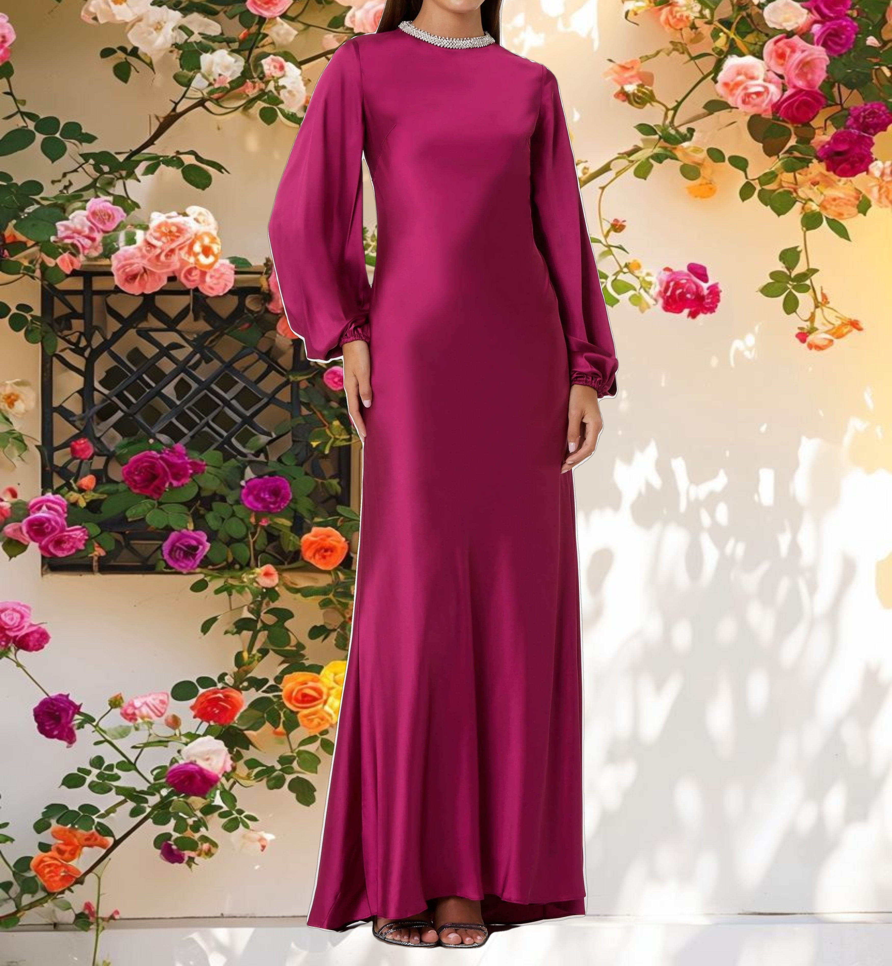 Purple Beaded High Neck Bishop Sleeve Satin Gown