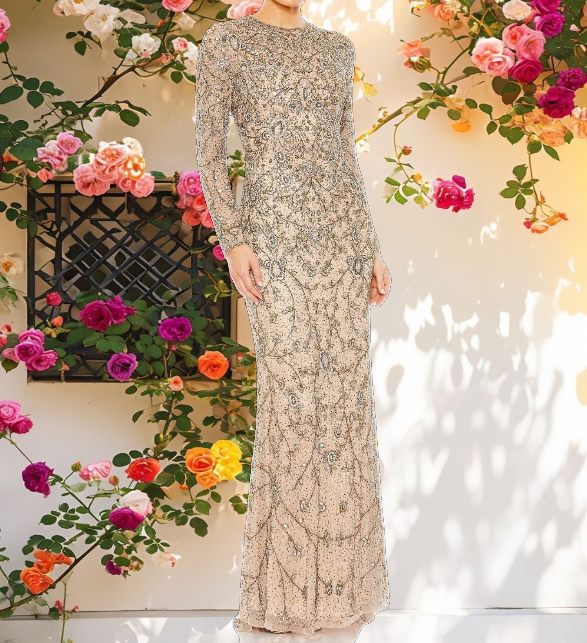 Two Tone Beaded High Neck Long Sleeve Gown