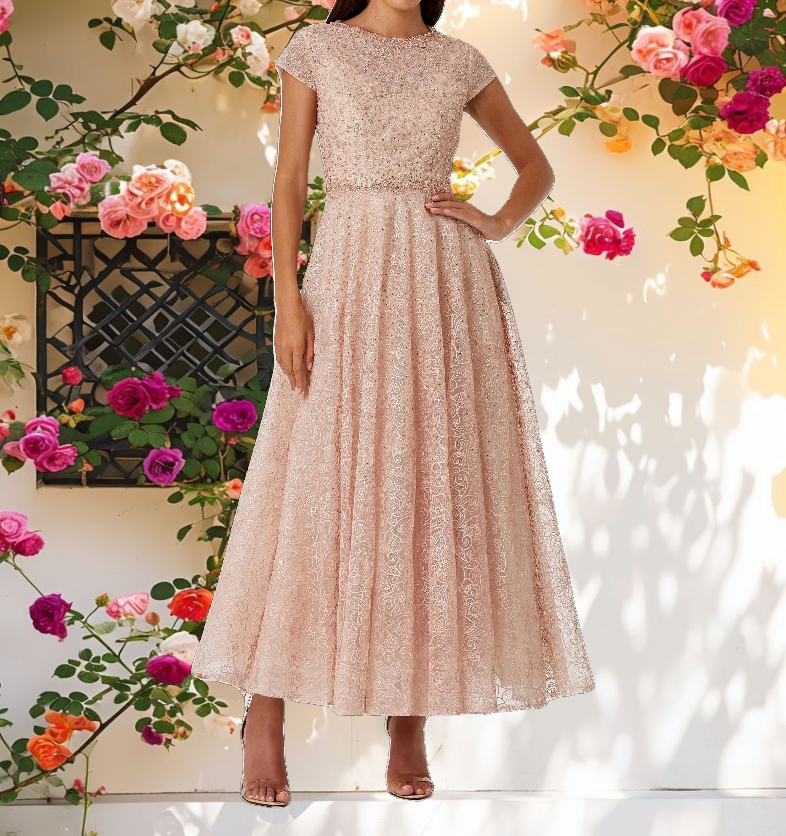 Pink Embellished Cap Sleeve A Line Dress