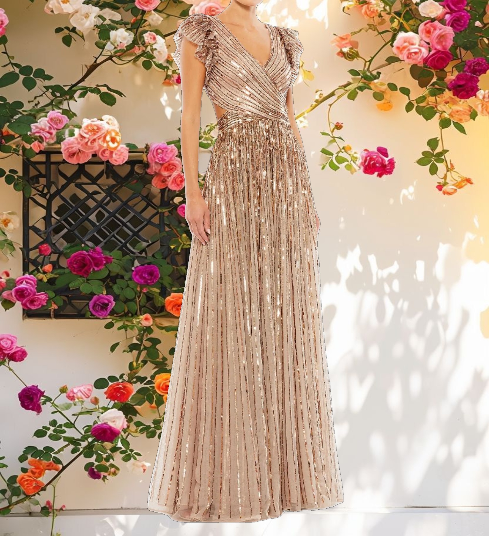 Beige Sequined Cut Out Ruffled Cap Sleeve Lace Up Gown