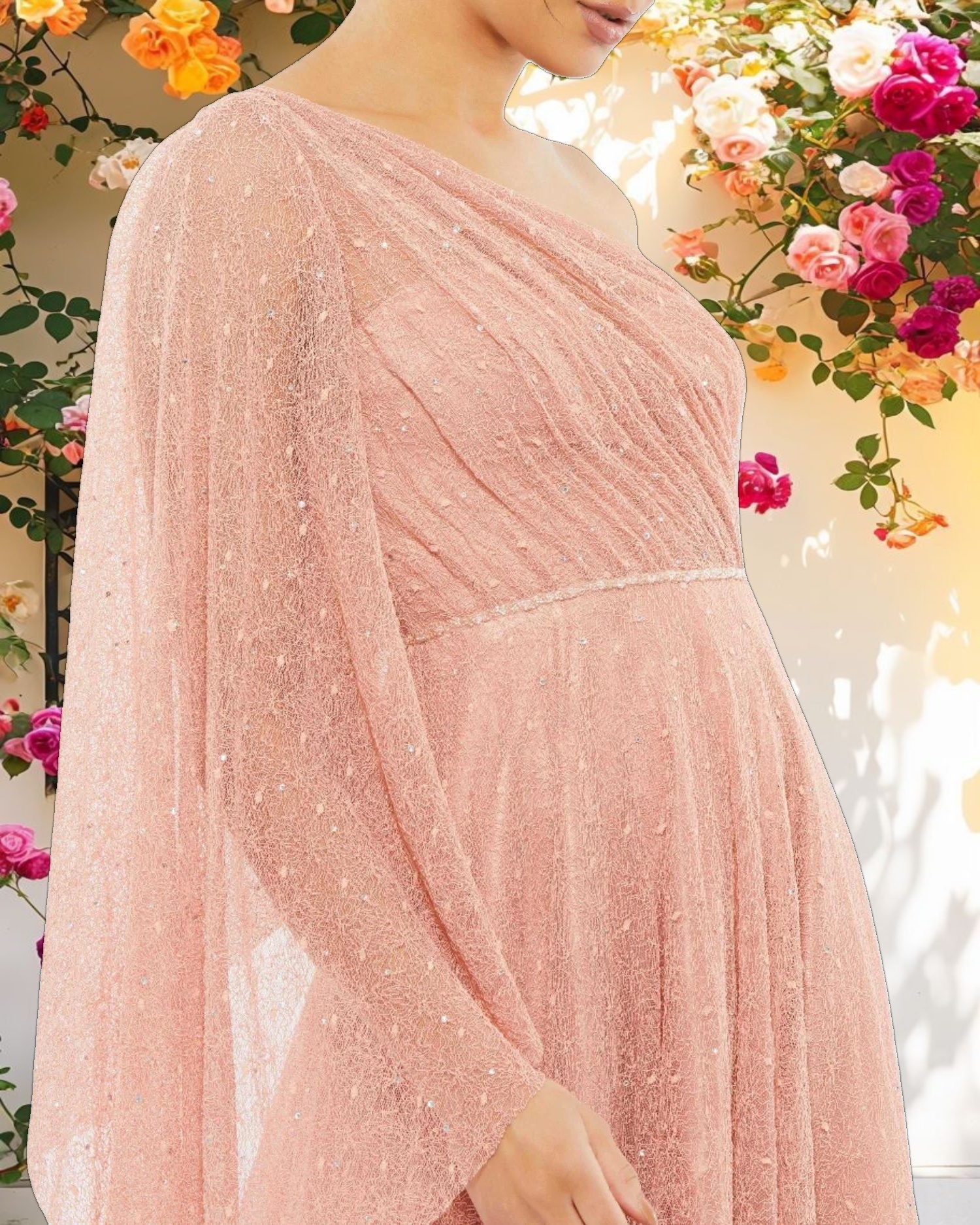 Pink Lace One Shoulder Illusion Sleeve A Line Gown