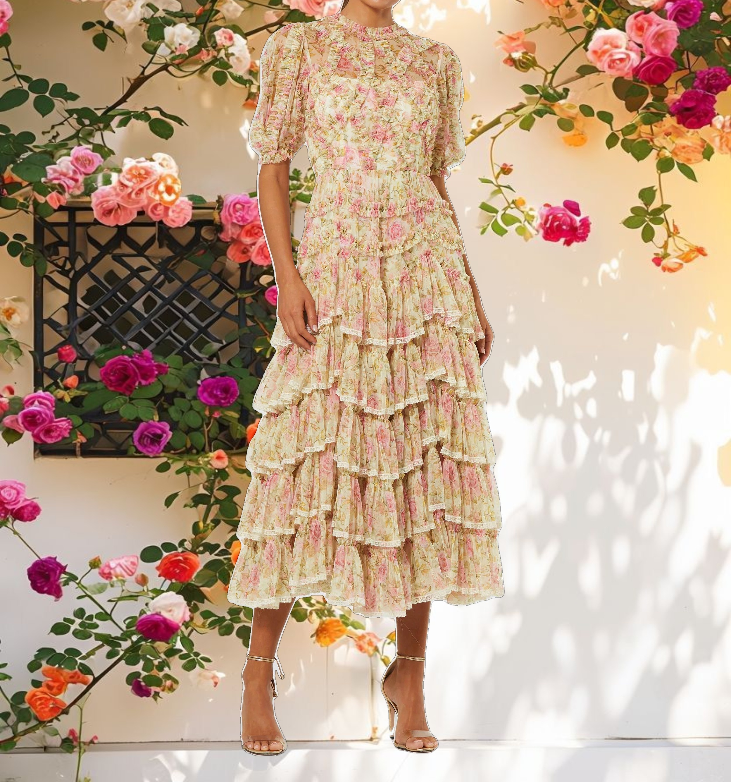 Beige Lace Trim Printed Mesh High Neck Midi Dress