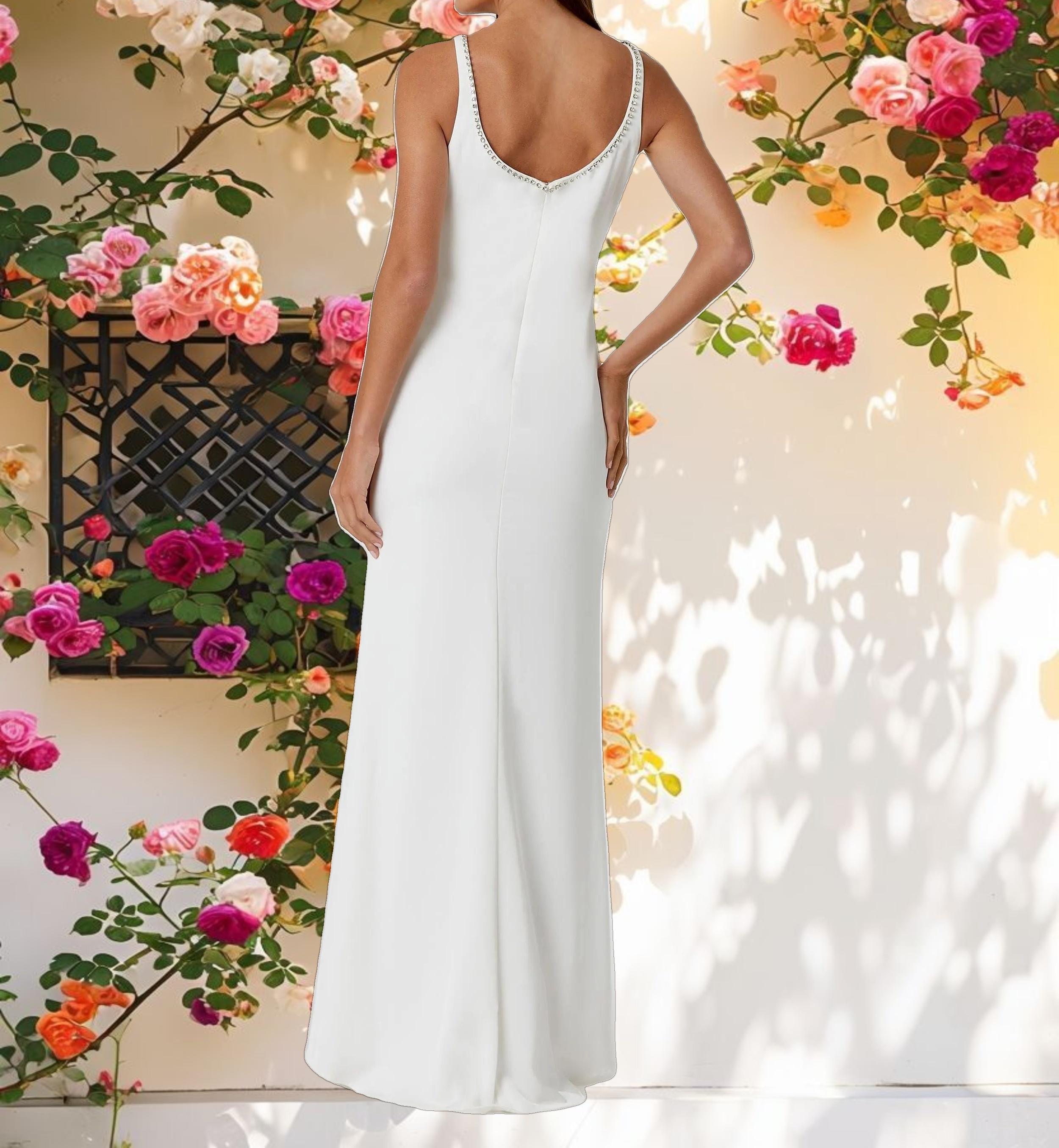 White Sleeveless Crystal Scoop Neckline Column Gown with High Slit