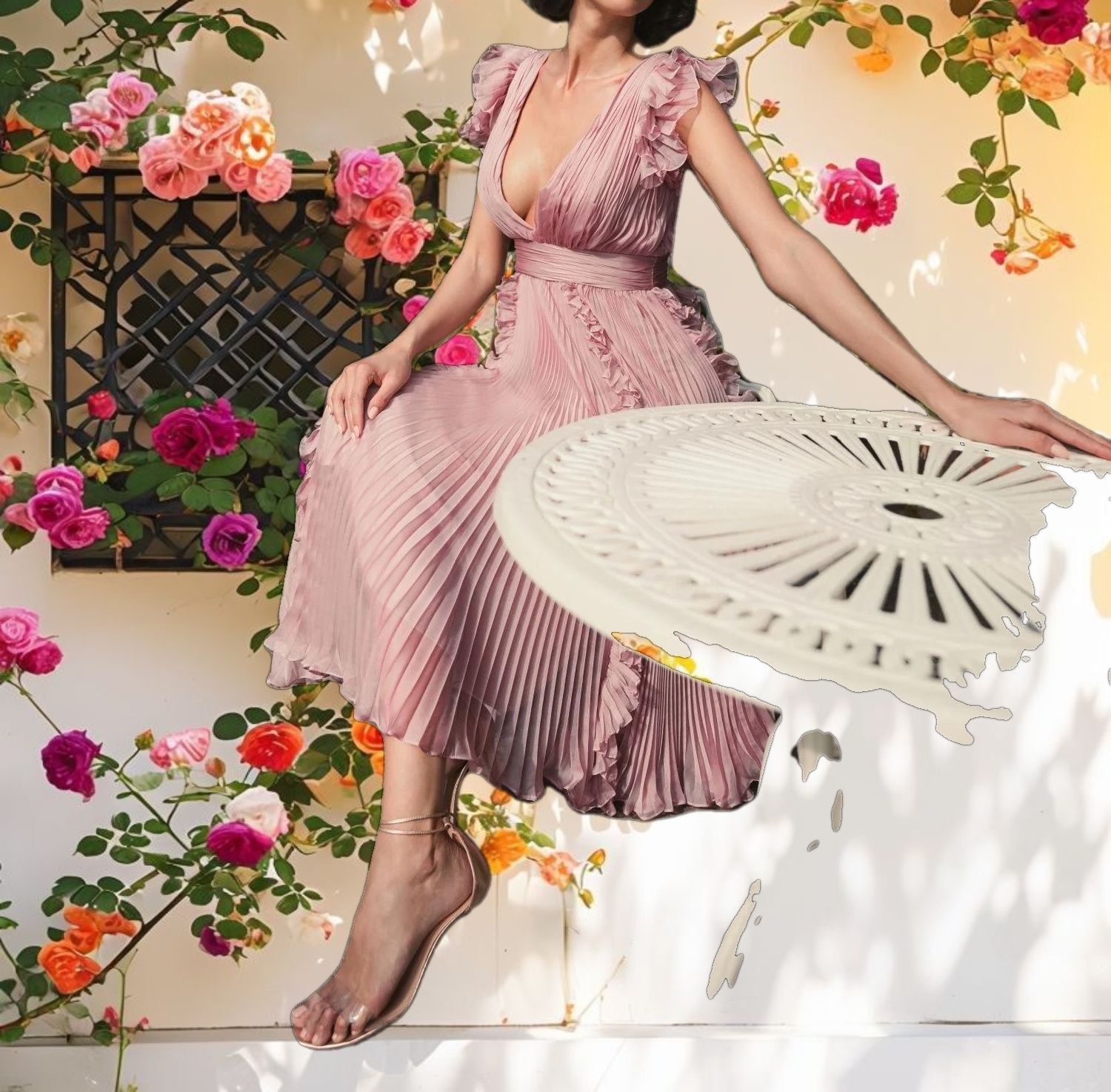 Pink Pleated Chiffon V Neck Ruffle Midi Dress