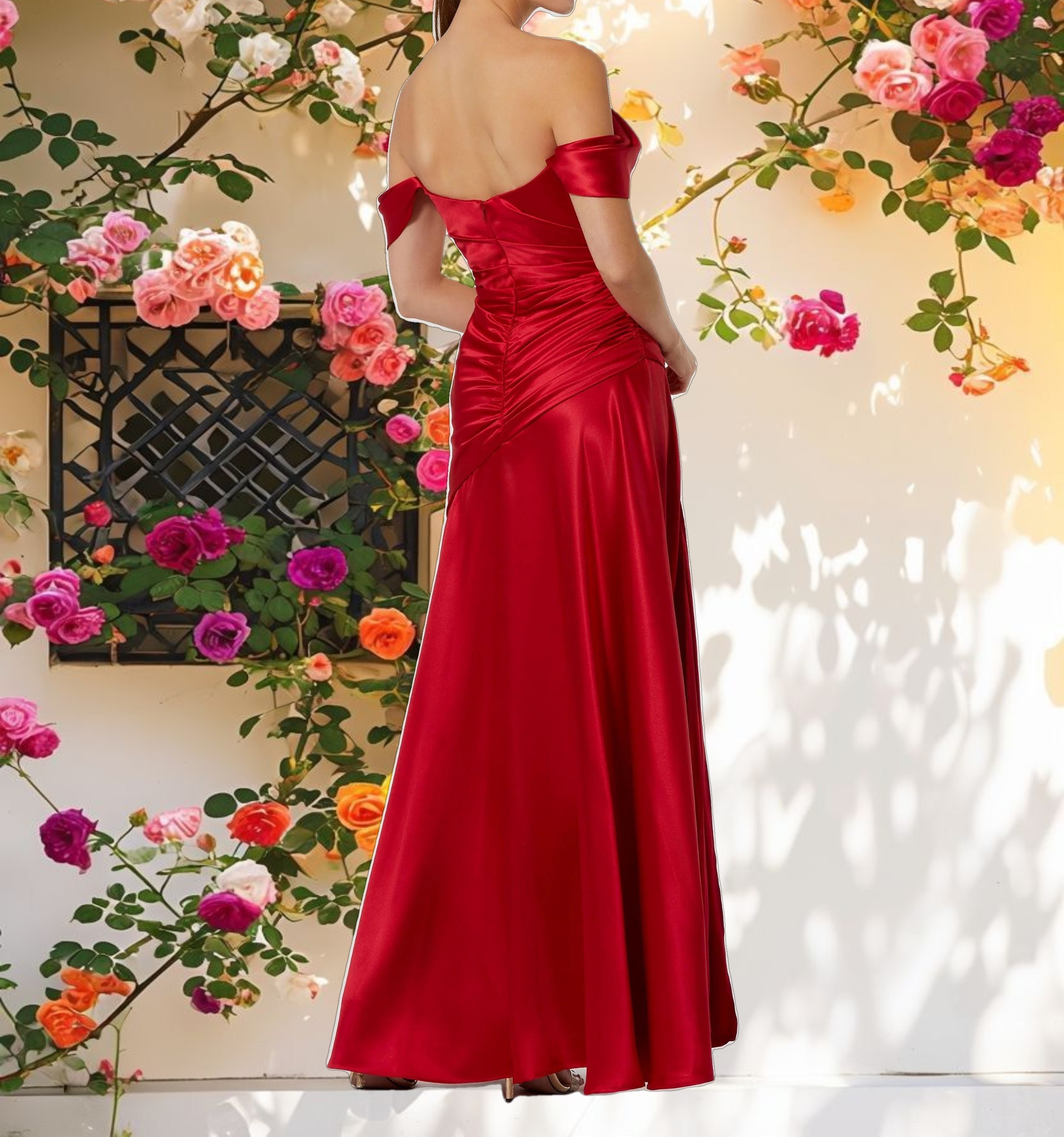 Satin Off The Shoulder Crossover Gown