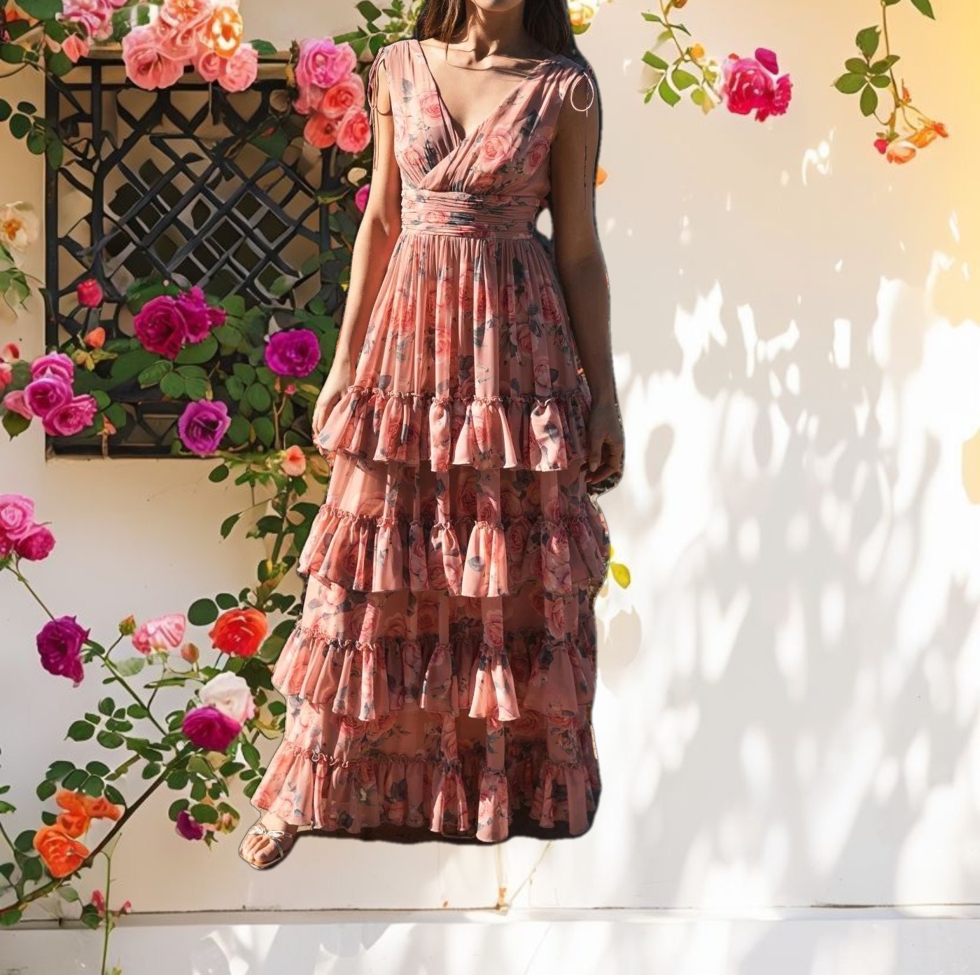 Pink Drawstring Shoulder Chiffon Tiered Floral Dress